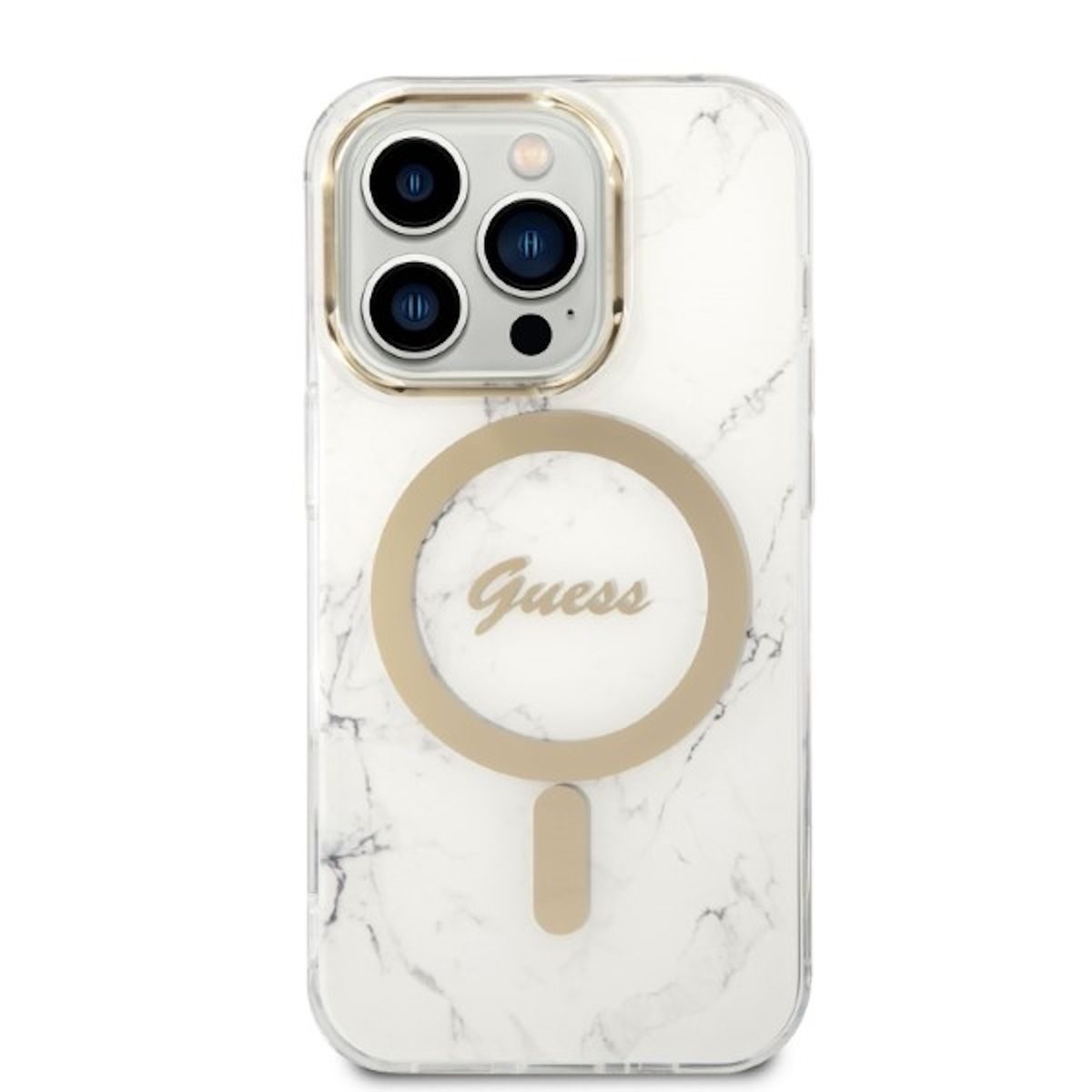 Custodia iPhone bianca con motivo marmoreo. Anello dorato per MagSafe. Logo Guess.