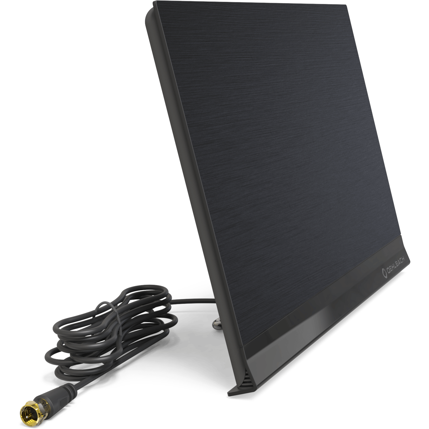 Czarna antena telewizyjna z dołączonym kablem. Antena jest ustawiona pod kątem i ma teksturowaną powierzchnię.