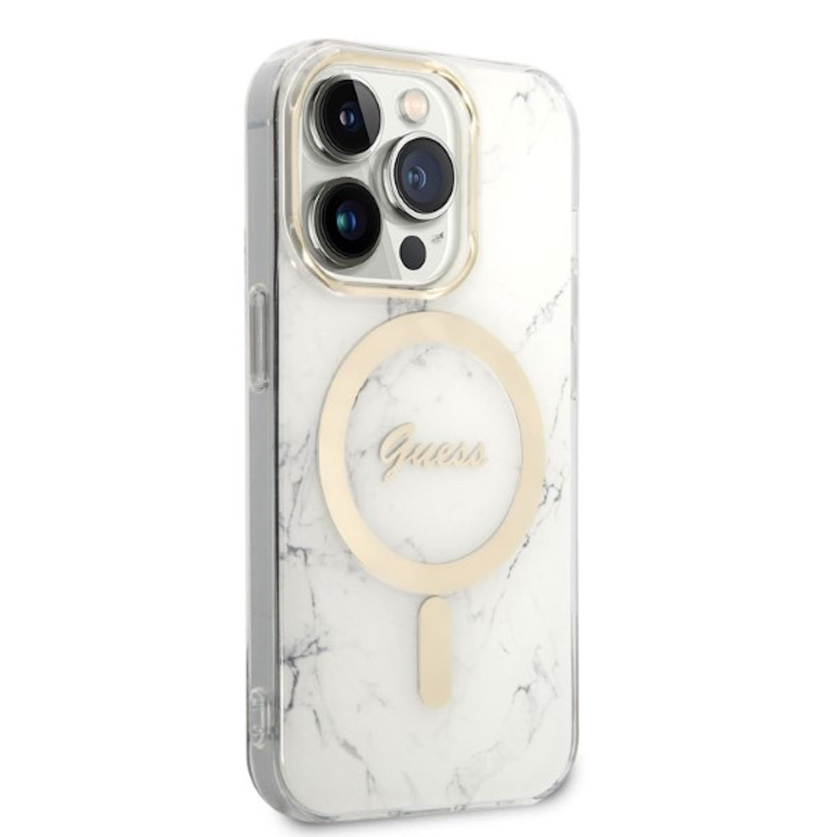 Una custodia per telefono Guess con design marmorizzato e anello dorato.