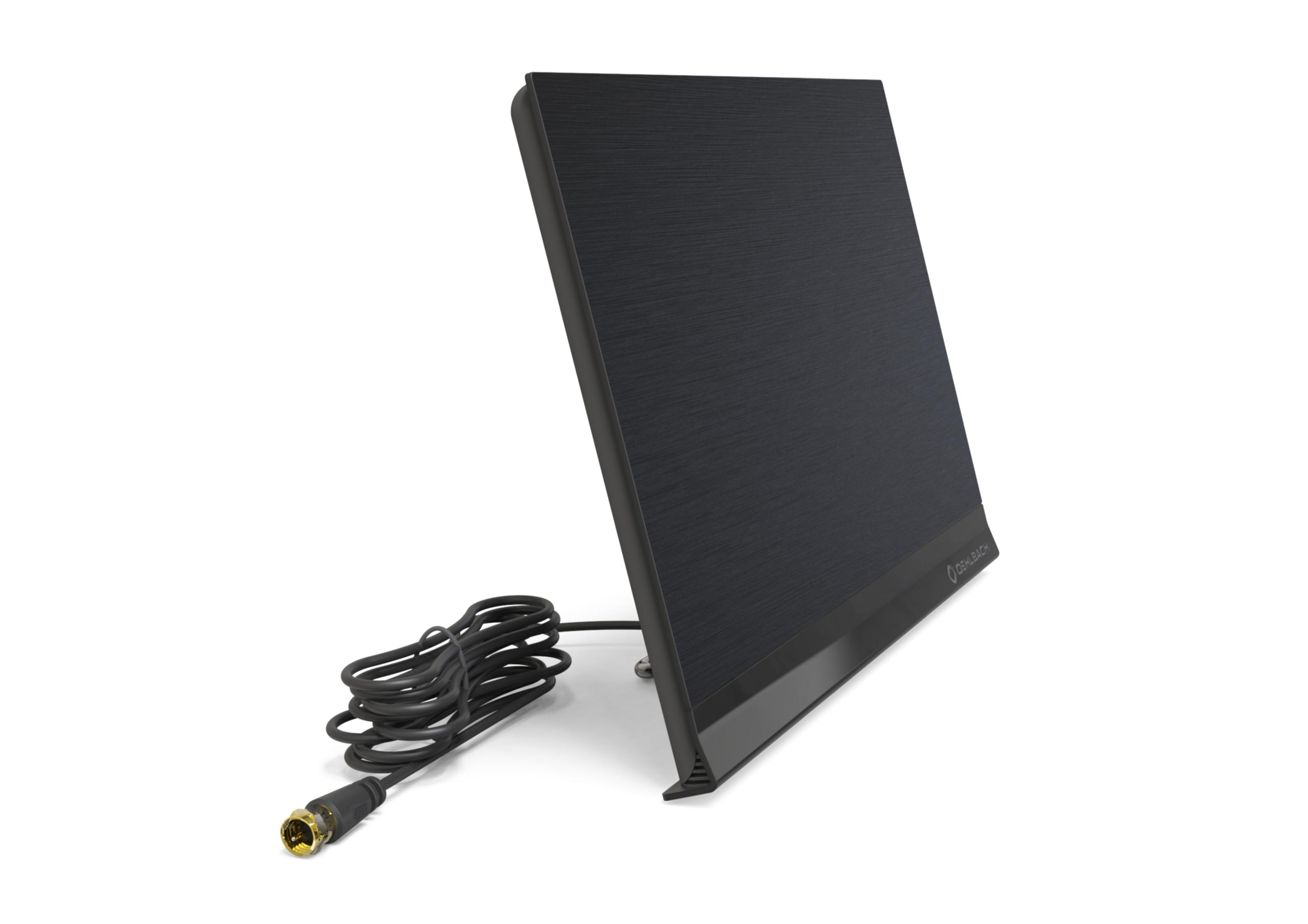 Czarna cyfrowa antena telewizyjna na białym tle. Jest podłączona do kabla.