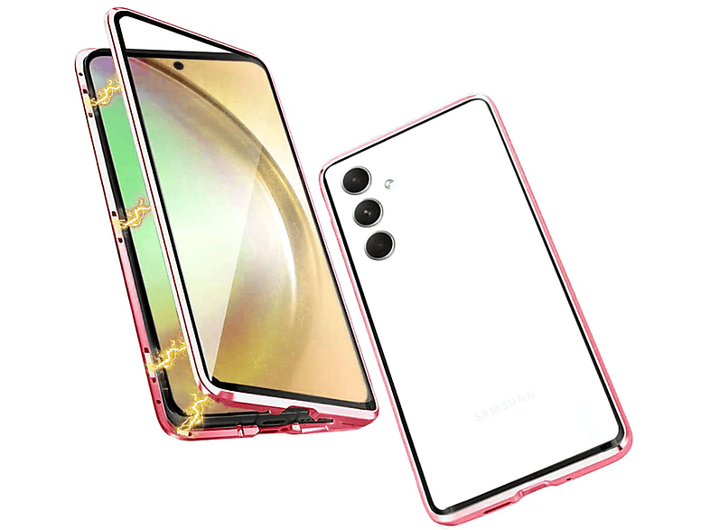 WIGENTO Beidseitiger 360 Grad Magnet Glas Metall Hülle, Bookcover, Samsung, Galaxy A14 5G / 4G, Rot / Transparent