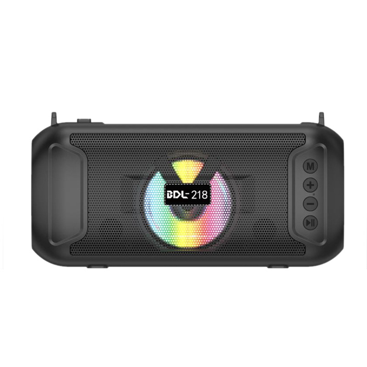 Altavoz negro con luz central colorida, texto BDL-218 y botones de control. Diseño de rejilla en el altavoz.