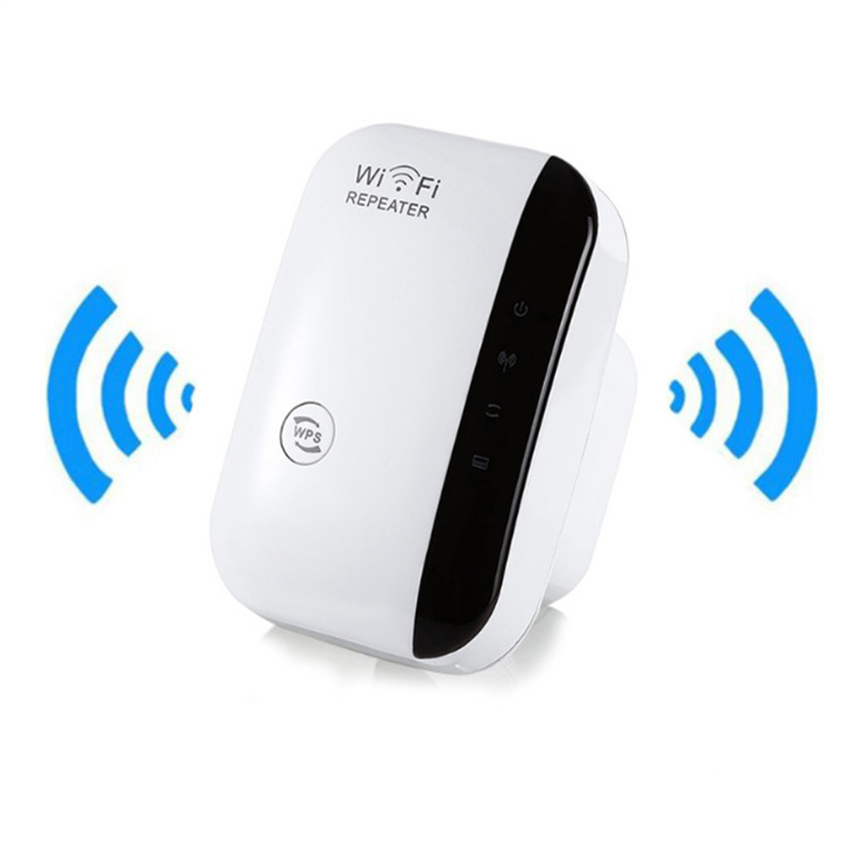 Weißer WLAN-Repeater mit schwarzem Rand, blaue WLAN-Signal-Symbole. Weißer Hintergrund.
