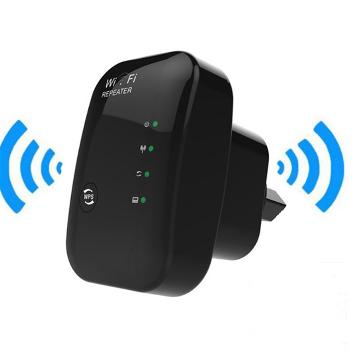Schwarzer WLAN-Repeater mit blauen Signal-Icons.