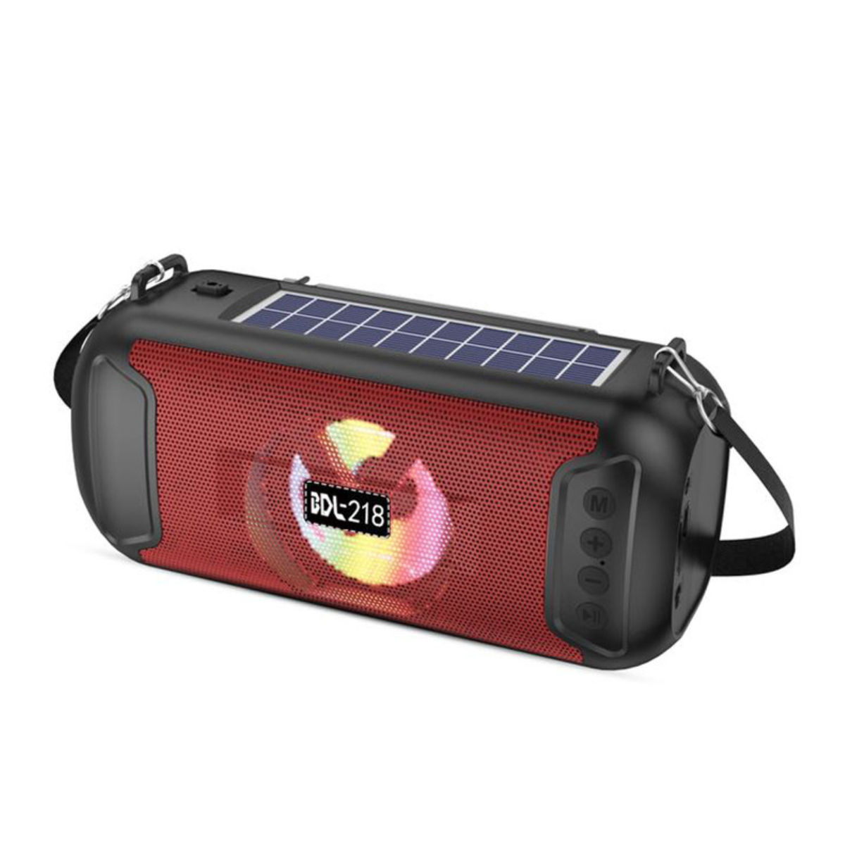Un altavoz con energía solar con una parte frontal de malla roja y cuerpo negro. Tiene una etiqueta BDL-218.