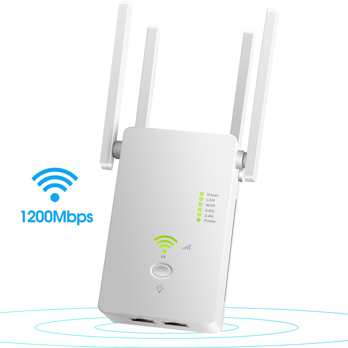 Weißer WLAN-Repeater mit Antennen und blauem WLAN-Symbol links, weißer Hintergrund, Text '1200 Mbit/s'.