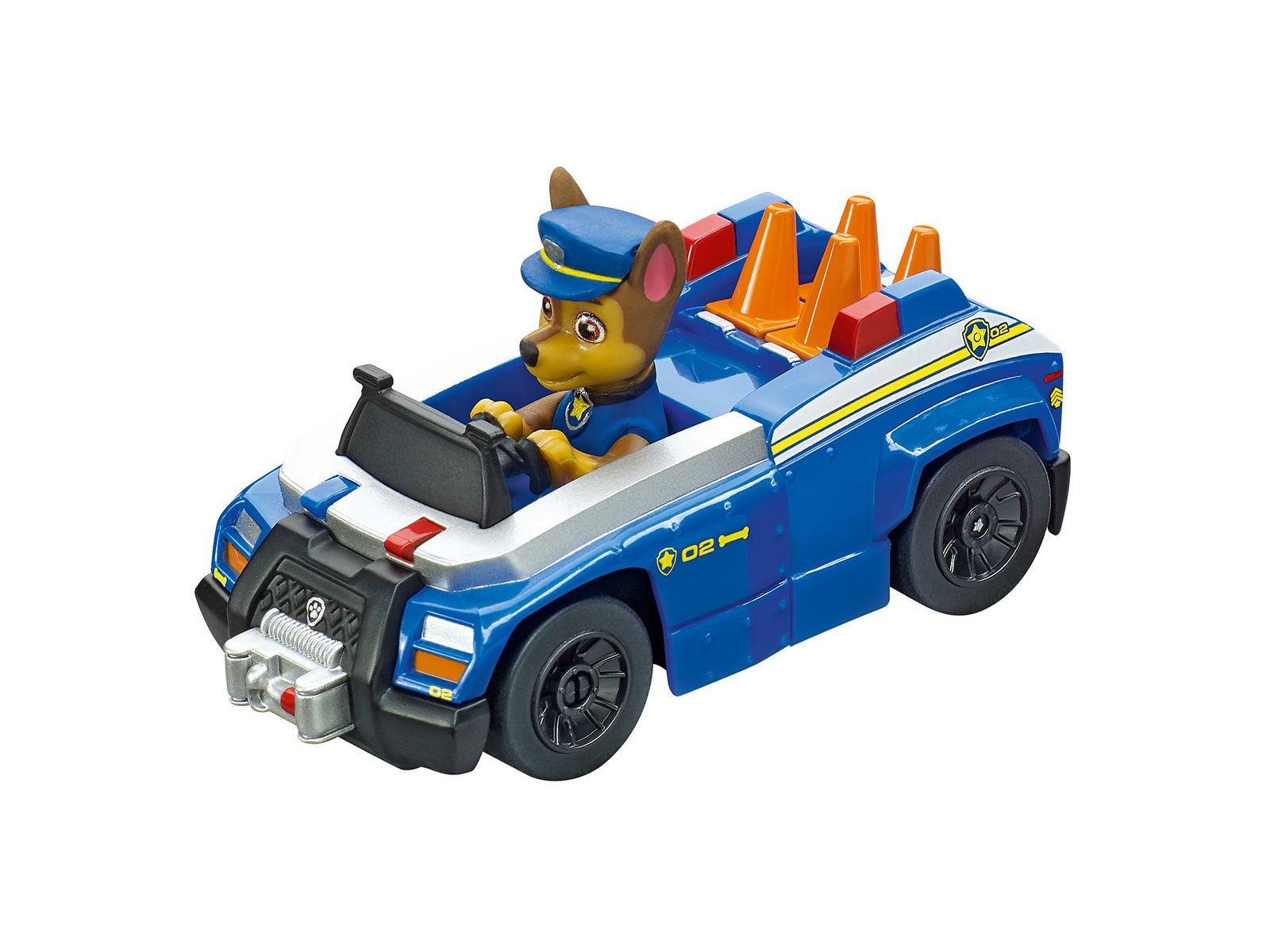 Ein blaues Paw Patrol Spielzeugauto mit Chase, dem Polizeihund, der es fährt.