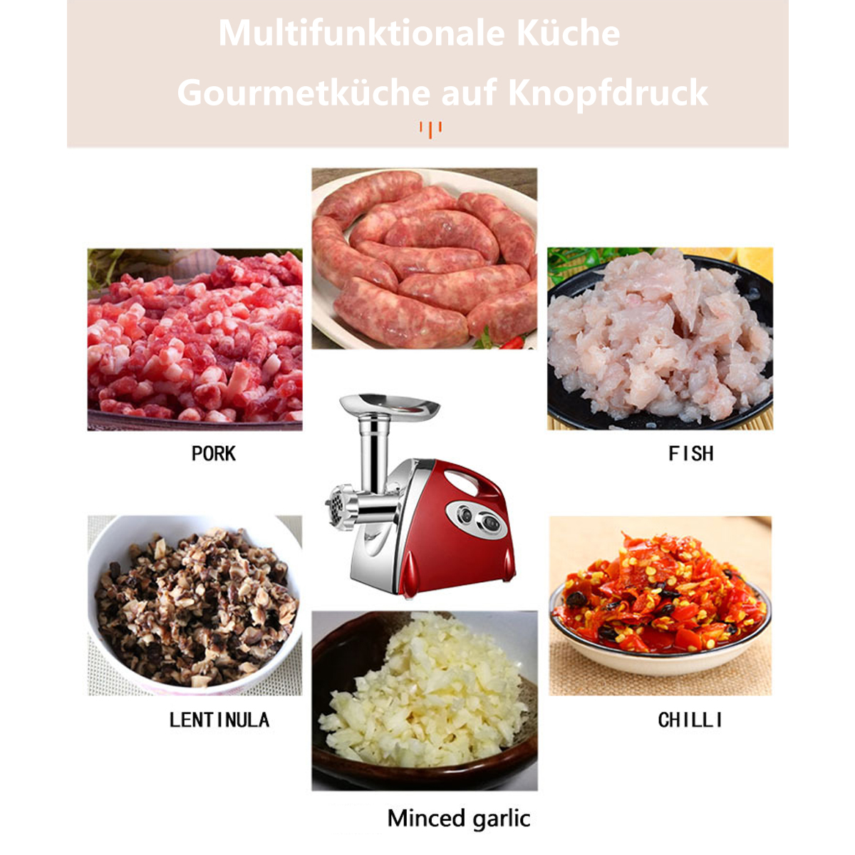 Varios alimentos crudos: cerdo, salchichas, pescado, lentinula, ajo picado y chile, junto a un picador de carne.