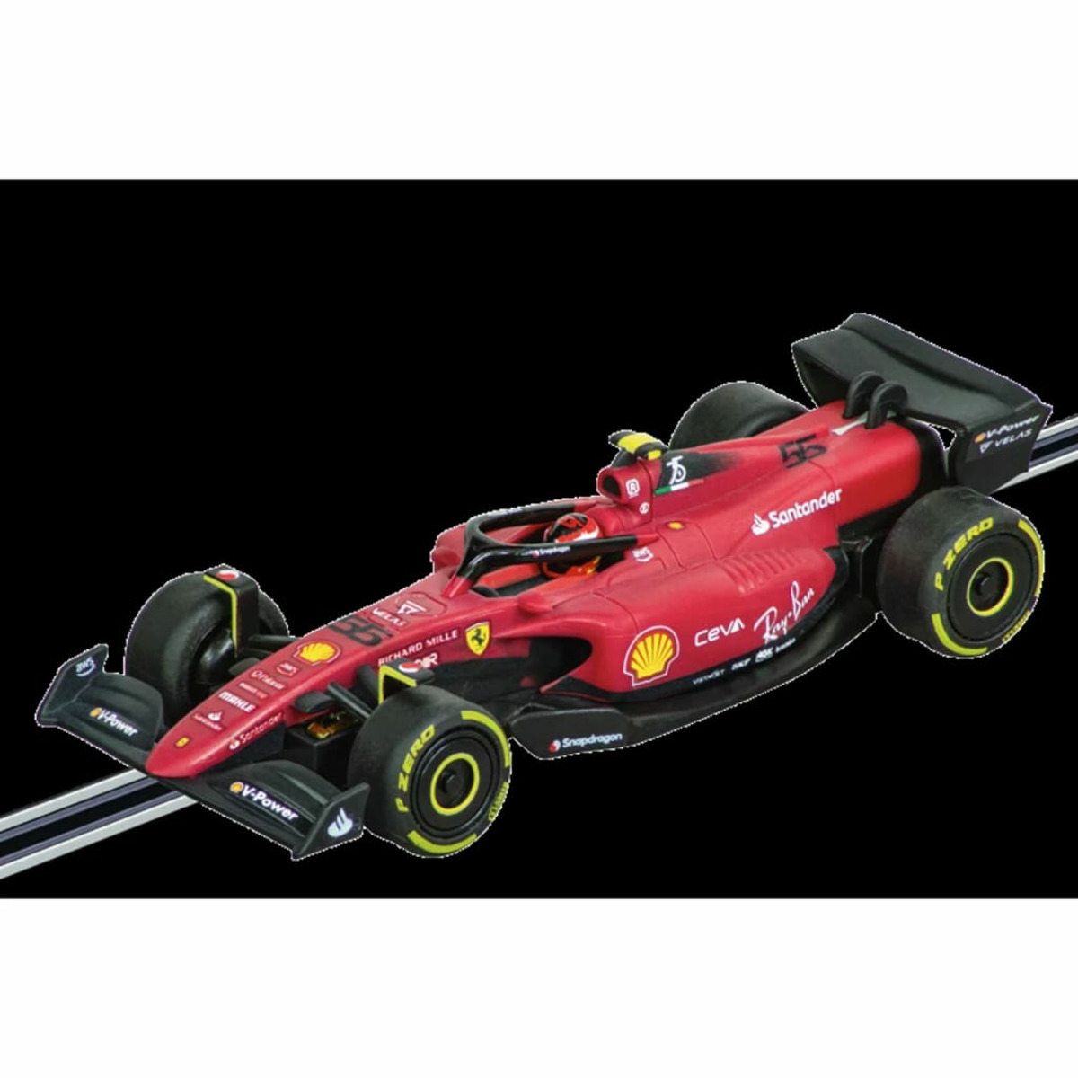 Czerwony model samochodu Ferrari na czarnym torze. Samochód ma logo sponsorów.