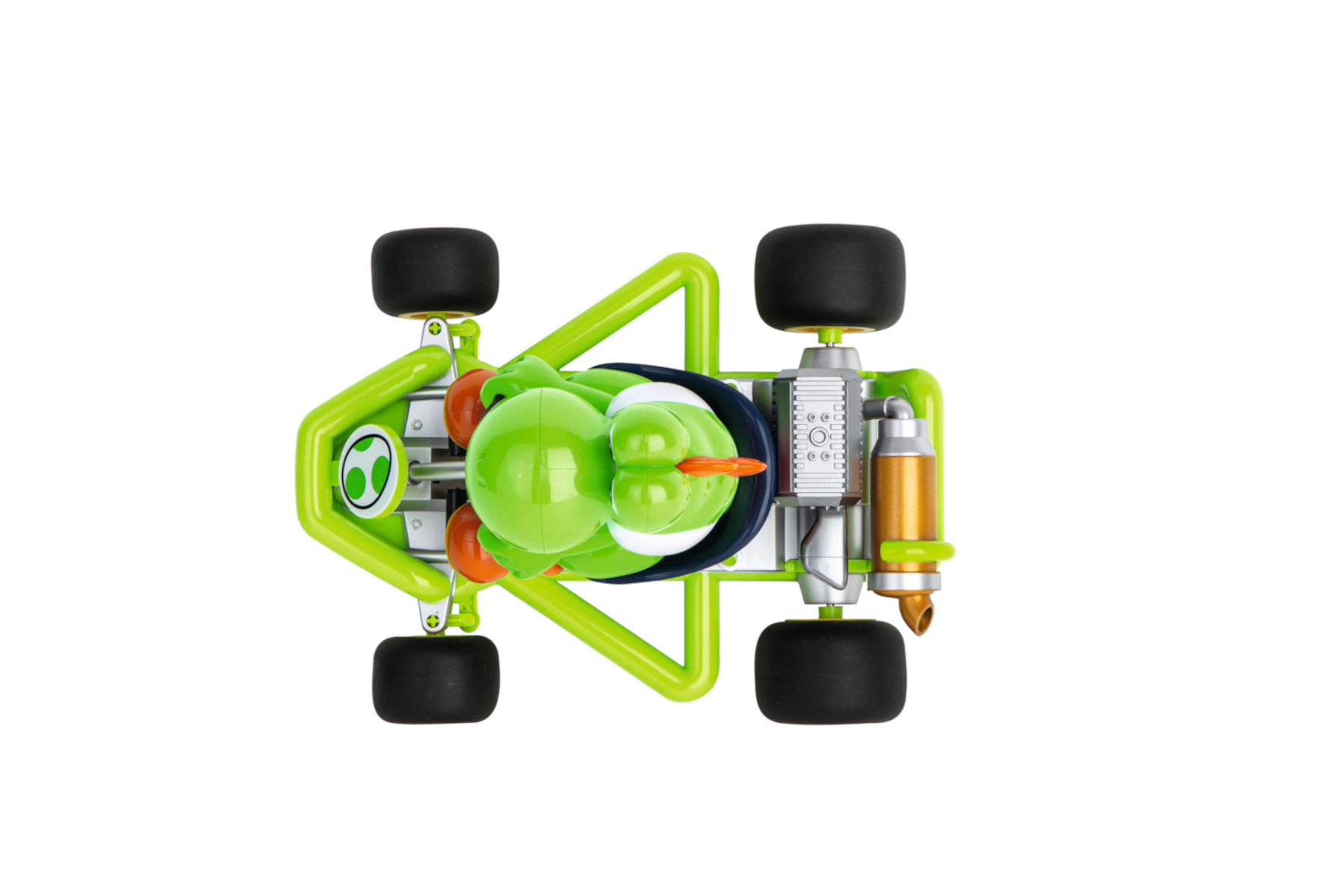 Yoshi-Kart-Spielzeug. Grüne Yoshi-Figur in einem grünen Kart mit schwarzen Rädern.