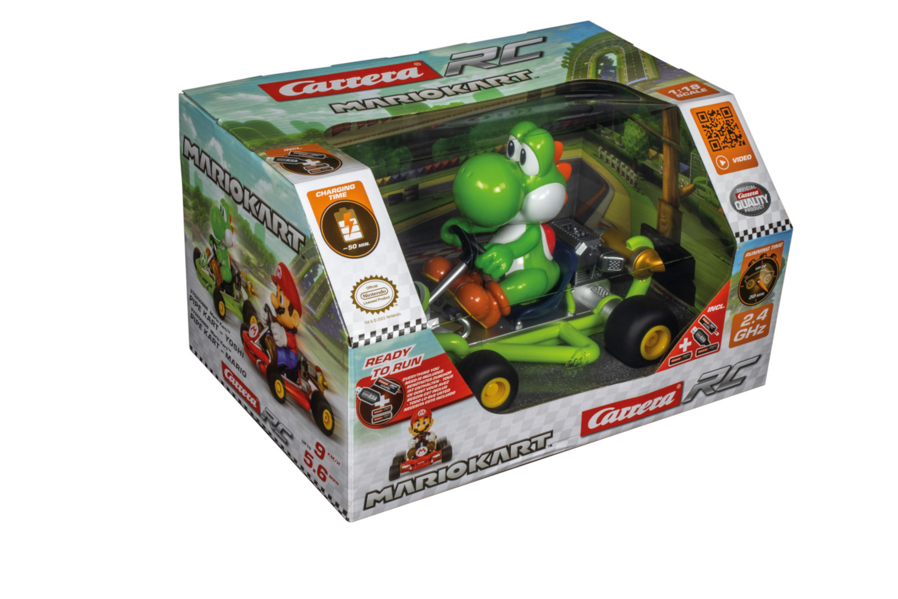 Ein Mario Kart Spielzeug in seiner Box, mit Yoshi in einem grünen Kart.