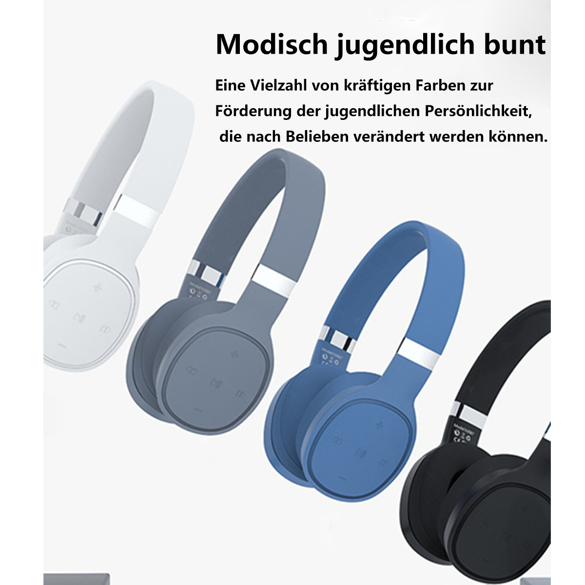 Kopfhörer in verschiedenen Farben: Weiß, Grau, Blau und Schwarz, mit Marketingtext.