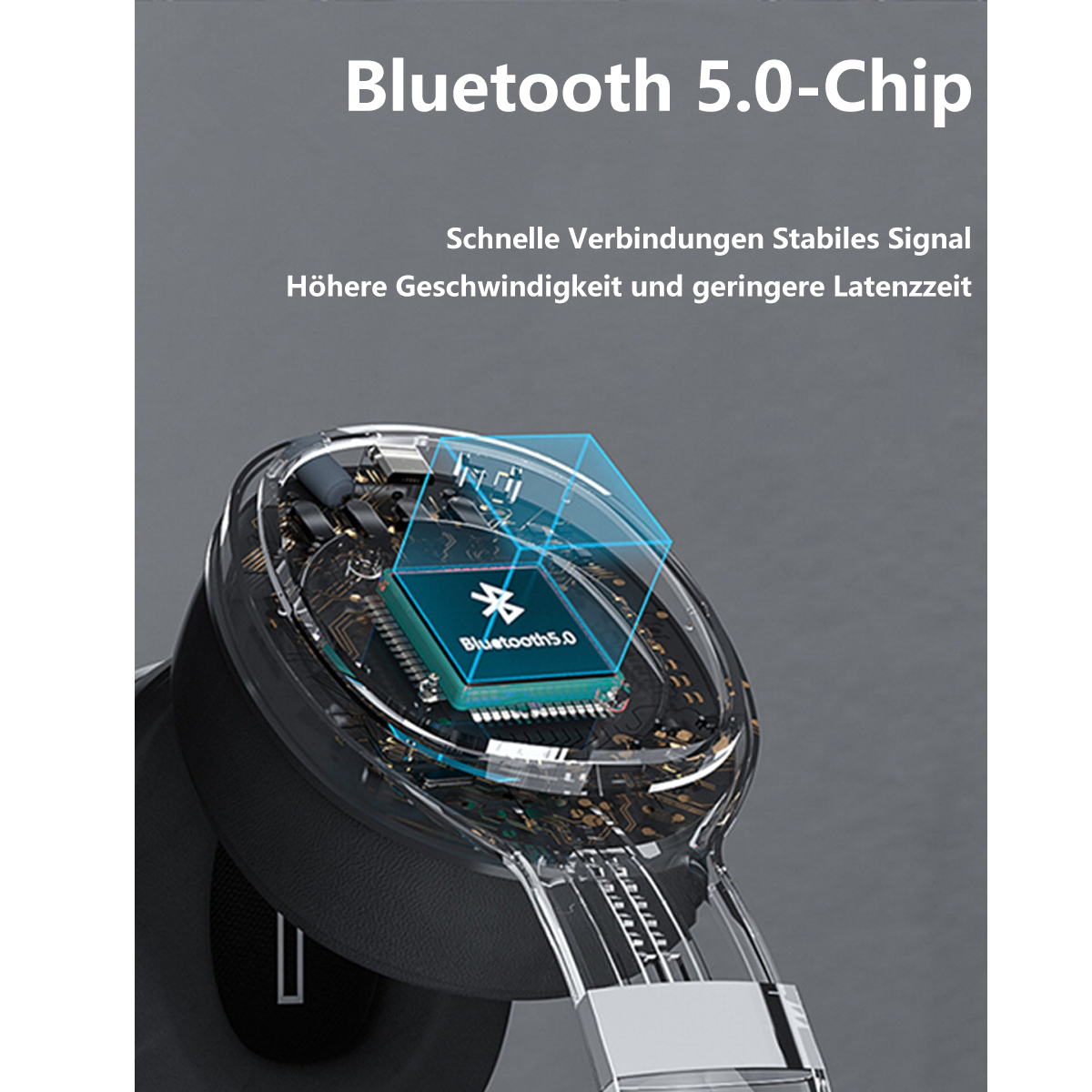 Schwarze Kopfhörer mit transparentem Design, das den Bluetooth 5.0-Chip zeigt.