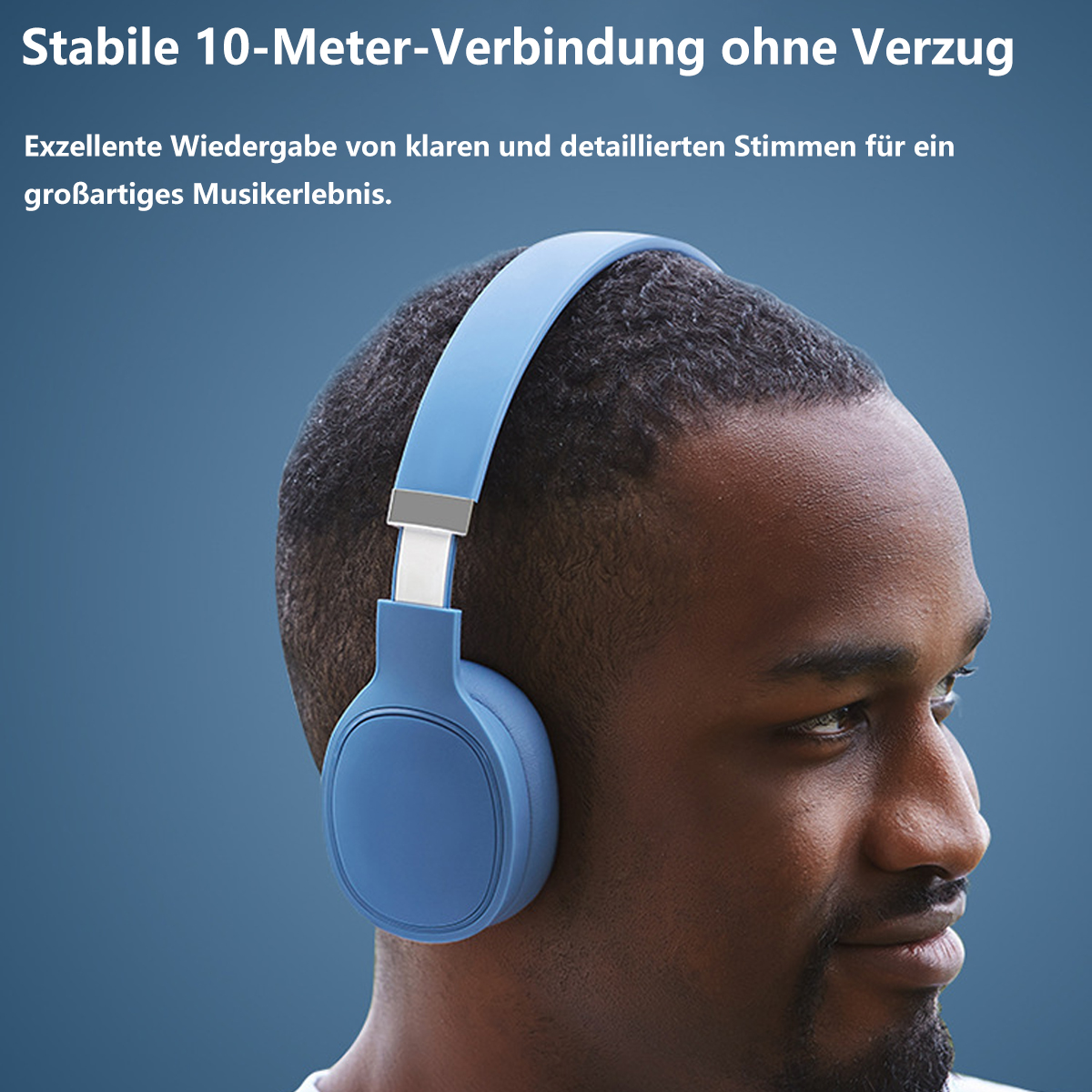 Mann mit blauen Kopfhörern, Produktaufnahme. Text sagt 'stabile 10-Meter-Verbindung'.