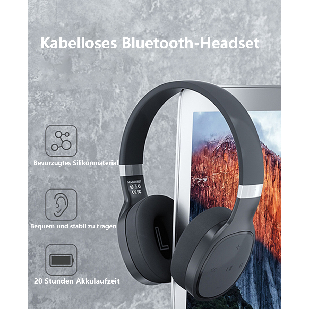 Schwarzes kabelloses Bluetooth-Headset auf grauer Oberfläche mit Symbolen und Text.