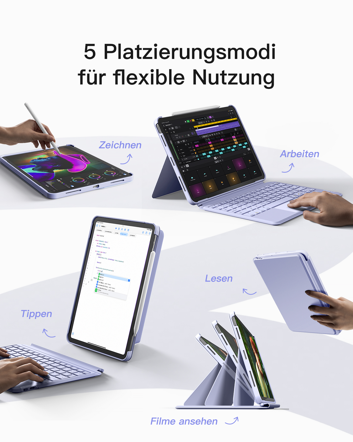 Fünf Tablet-Nutzungsmodi gezeigt. Einschließlich Zeichnen, Arbeiten, Lesen, Tippen und Filme ansehen.