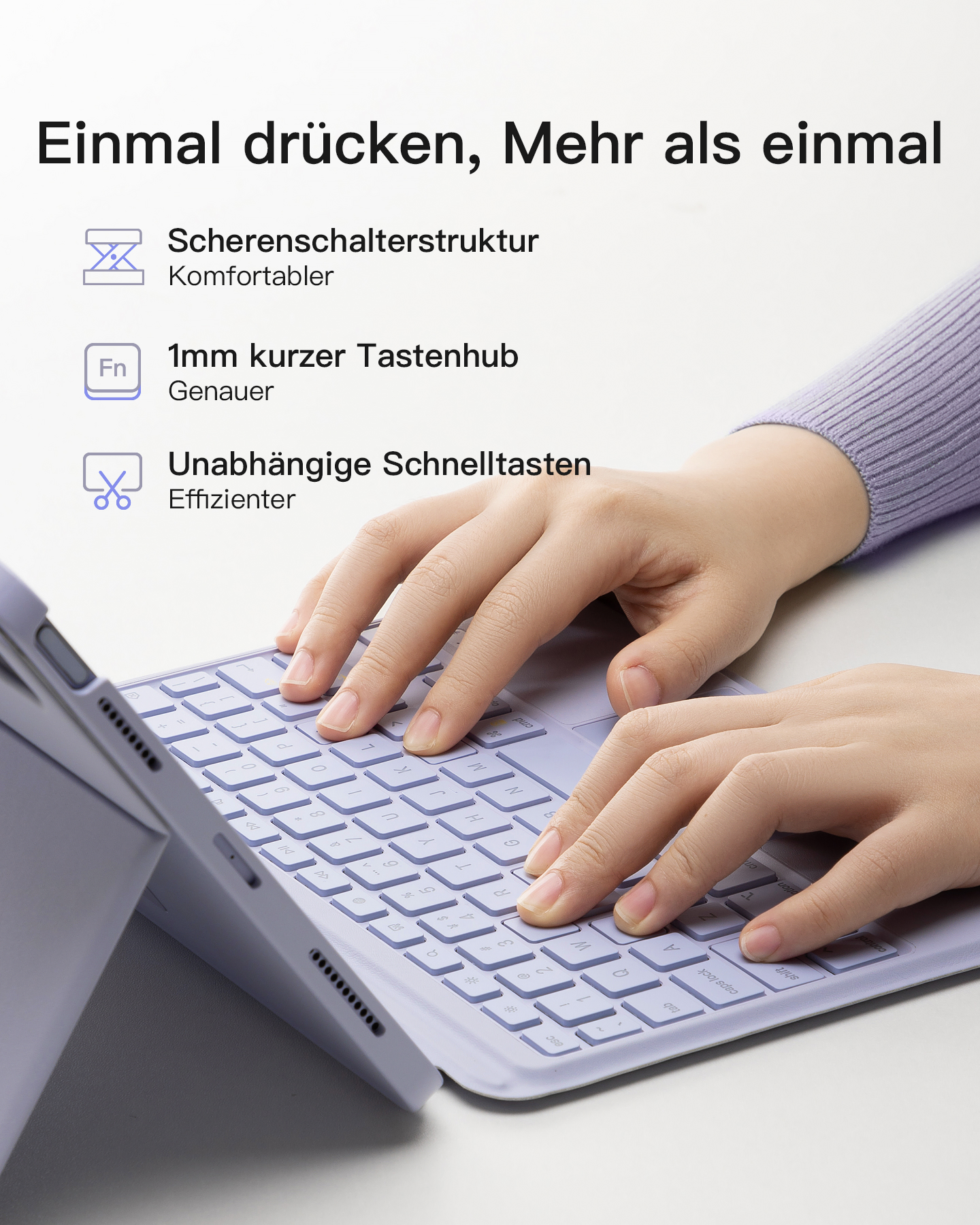 Hände benutzen eine hellviolette Tablet-Tastatur. Text auf Deutsch über die Funktionen.