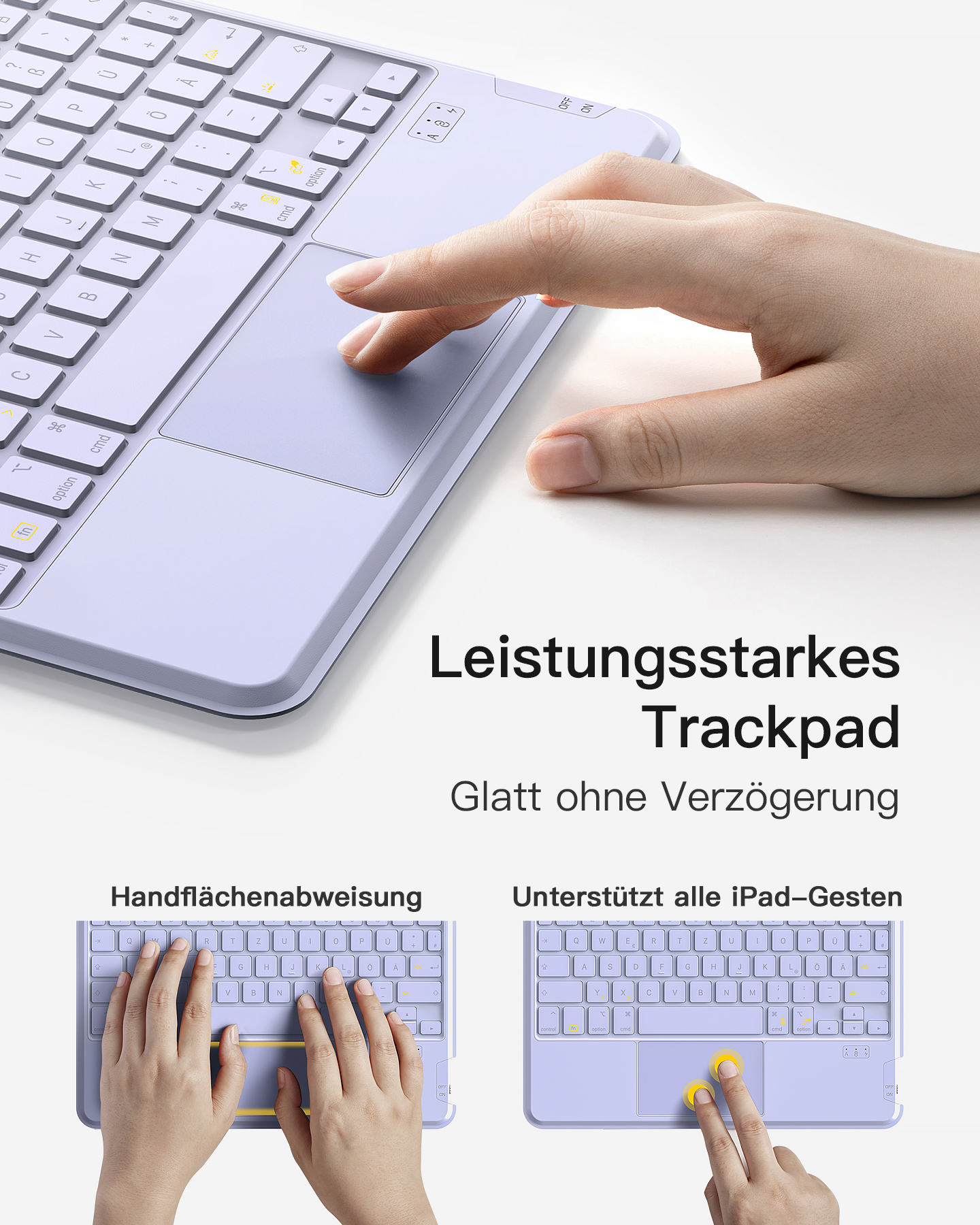 Tastatur mit Touchpad. Eine Hand benutzt das Touchpad. Die Tastatur ist helllila.