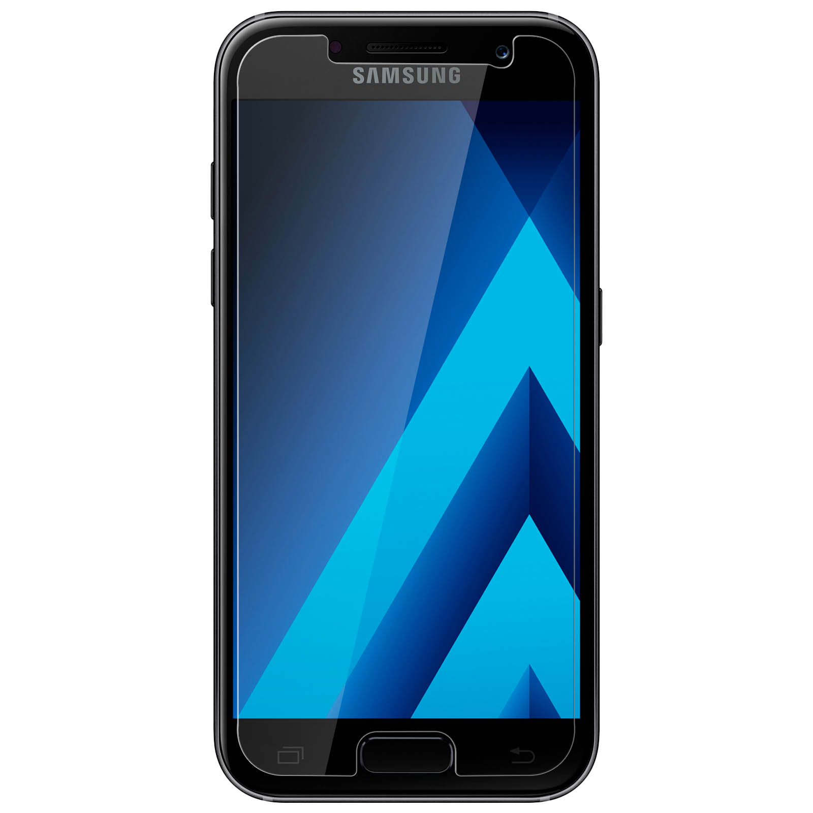 Un smartphone negro con pantalla azul. El teléfono está sobre un fondo blanco.