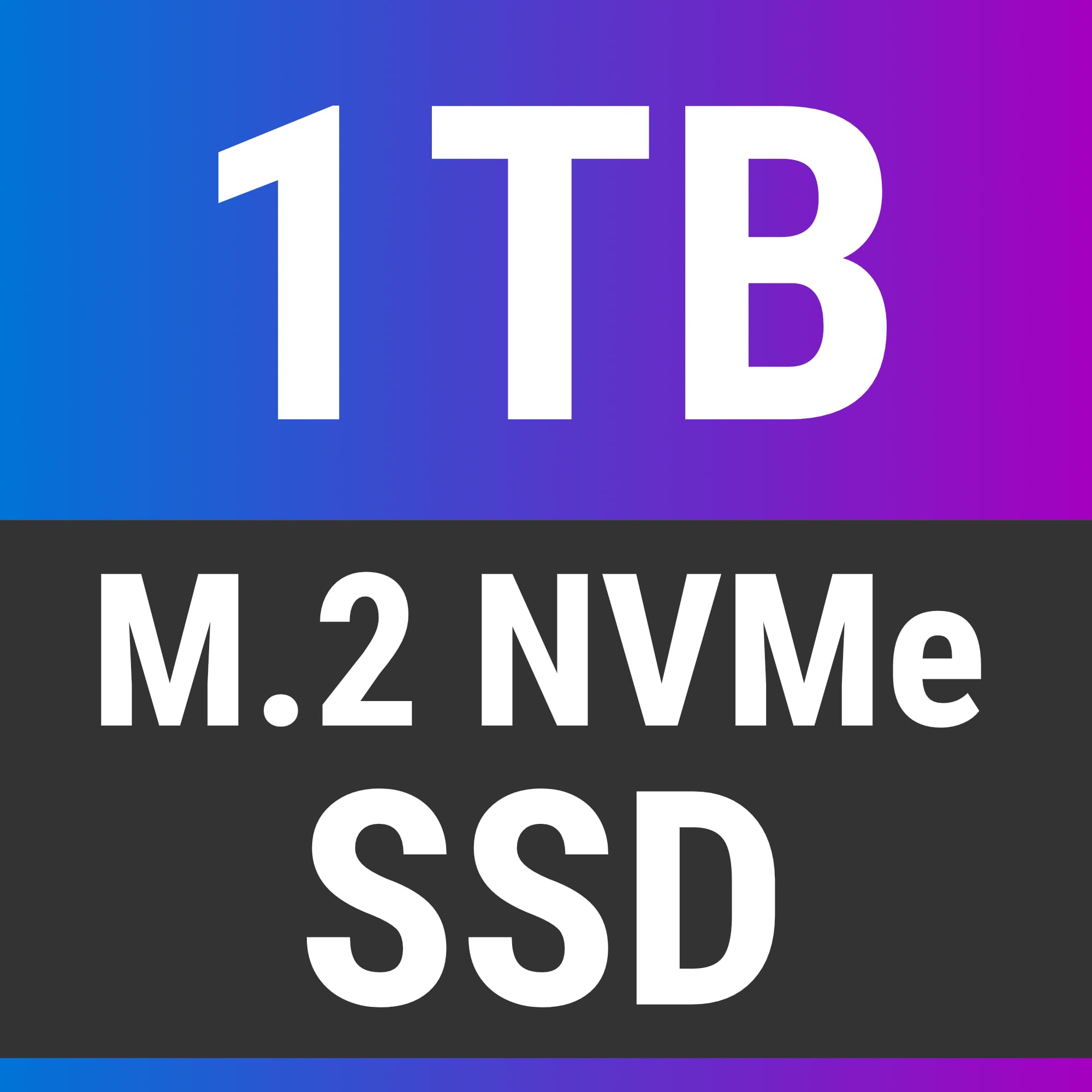 Bild mit dem Text 1TB, M.2 NVMe und SSD. Der Hintergrund ist blau, lila und schwarz.