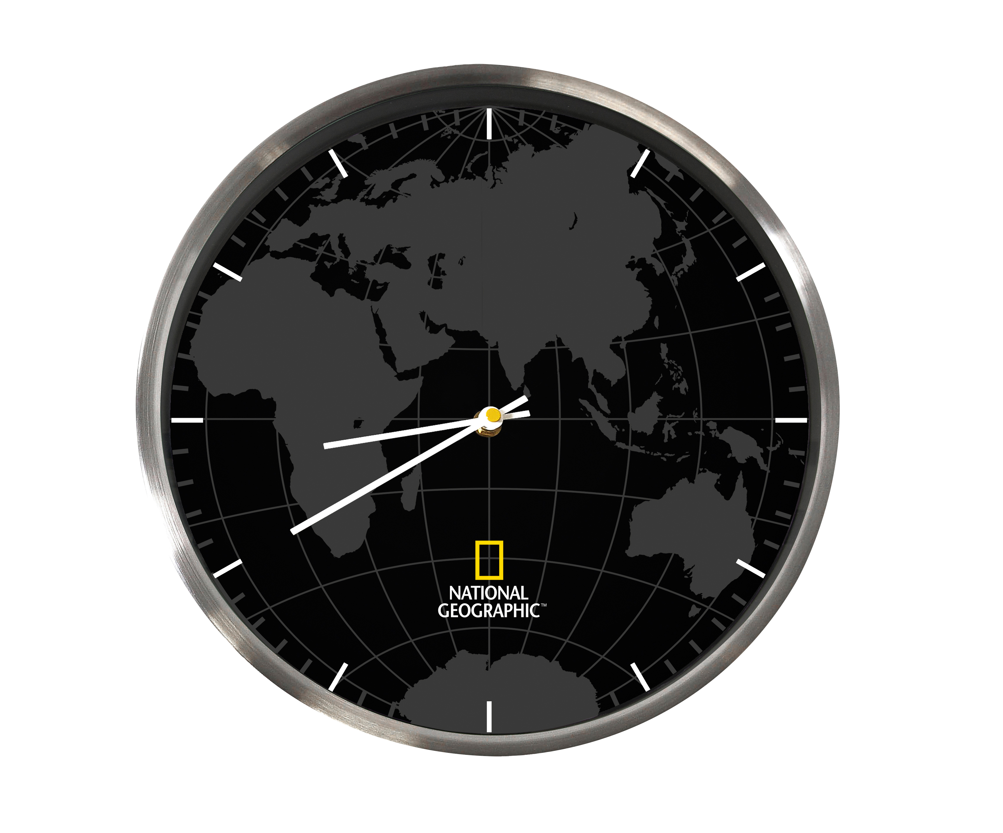 Un orologio con mappa del mondo nero e argento. Il globo è centrato, con lancette bianche.