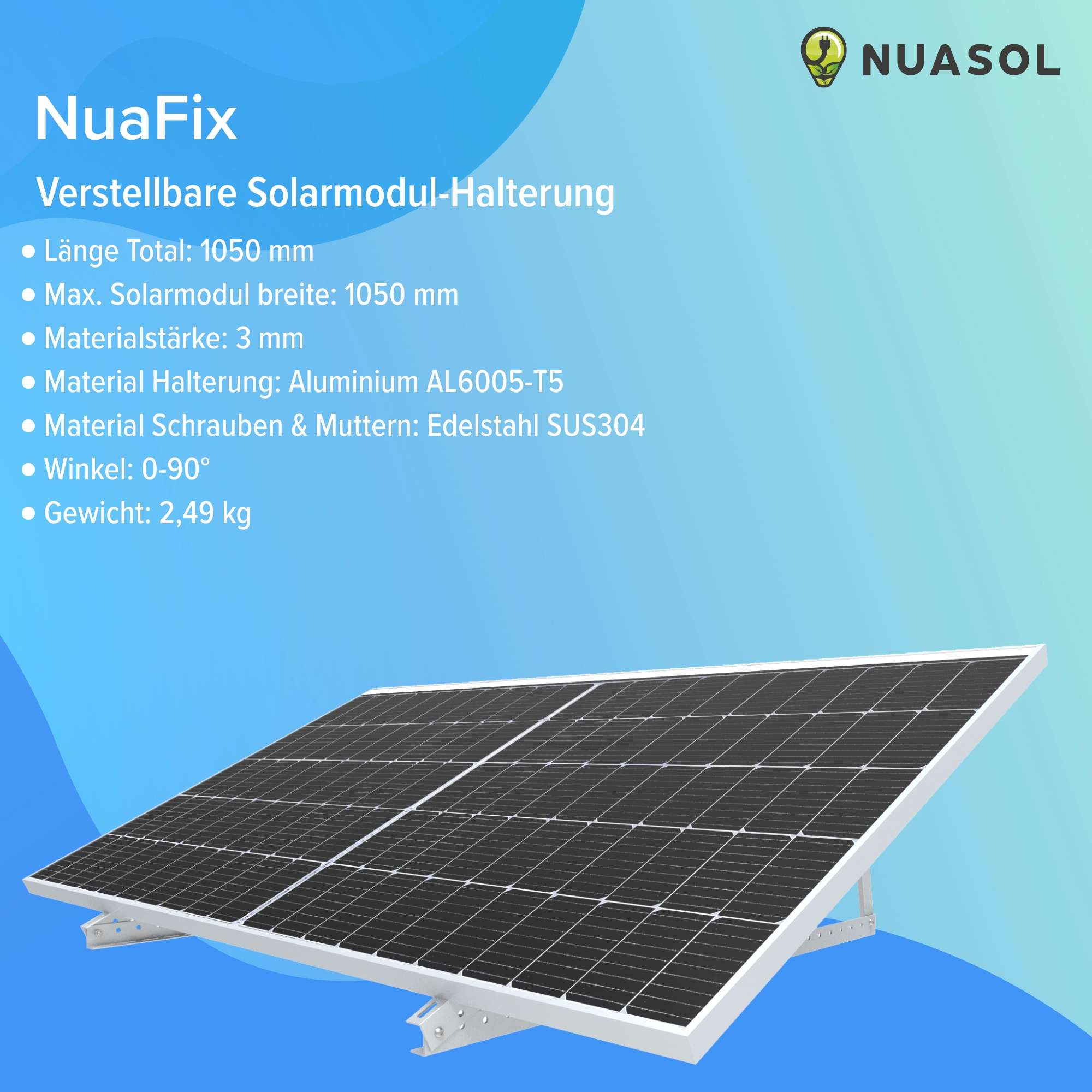 Solarmodul mit Text, der Abmessungen und Gewicht zeigt. Ein weißer Hintergrund mit blauem Akzent.
