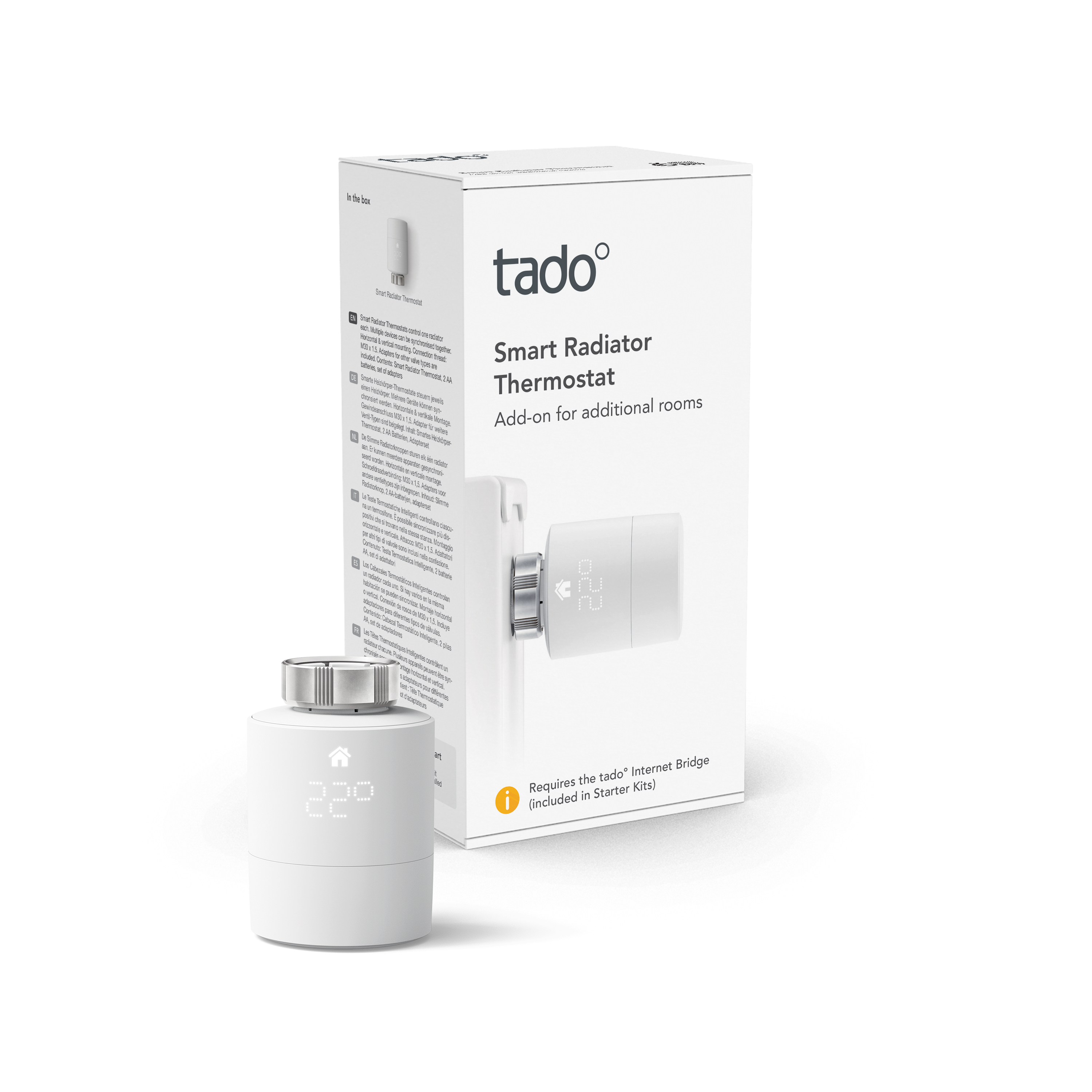 Tado Smart-Heizkörperthermostat in weißer Box, Zusatz für Räume.