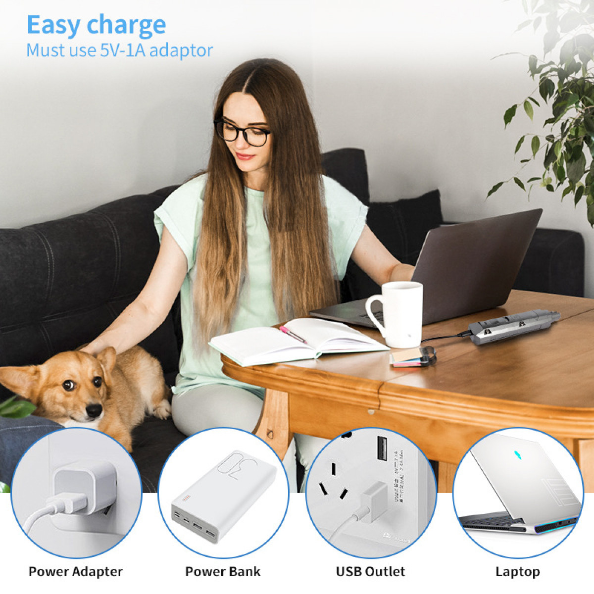 Kobieta z psem przy biurku z laptopem i akcesoriami do ładowania: power bank, adapter i gniazdo.