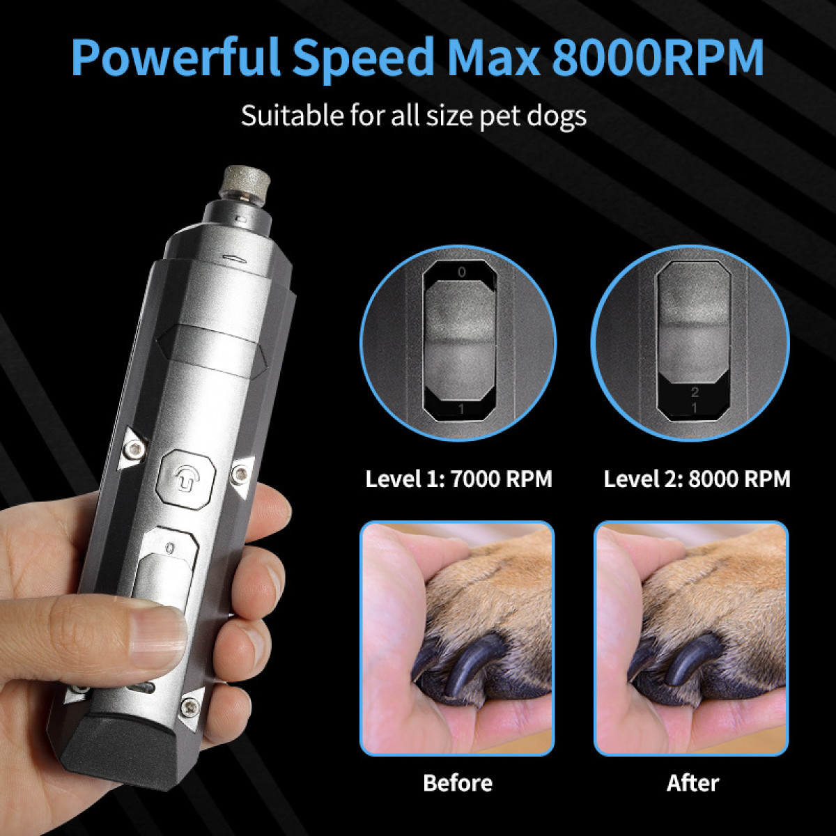 Srebrna szlifierka do pazurów dla zwierząt, z ustawieniami prędkości i zdjęciami przed/po.