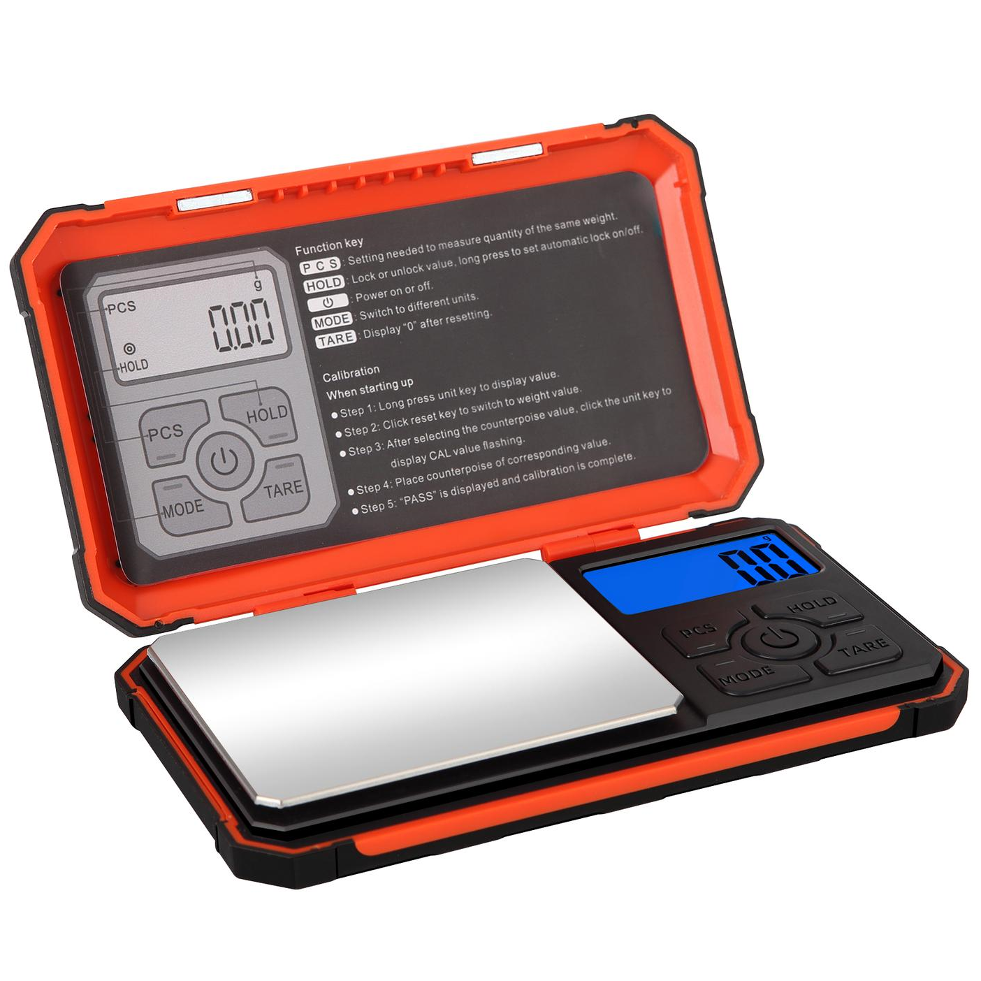Digitale Taschenwaage, geöffnet, mit LCD-Anzeige und Anweisungen. Oranger Rand. Weißer Hintergrund.
