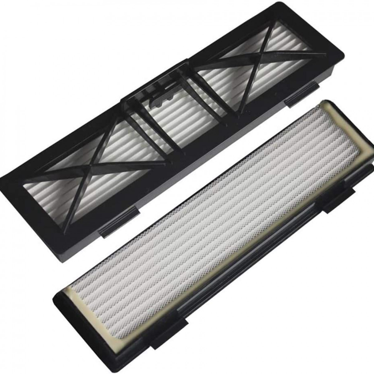 Dwa prostokątne, czarno-białe filtry powietrza obok siebie.