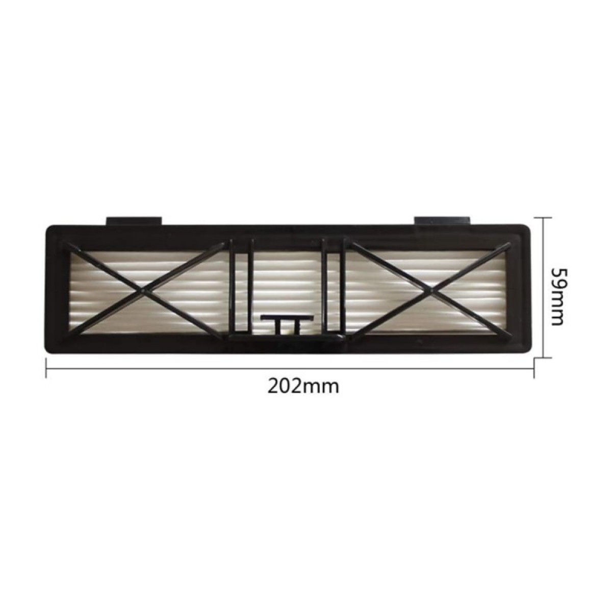 Prostokątny filtr powietrza o wymiarach 202 mm x 59 mm, z czarną ramką i białym filtrem.