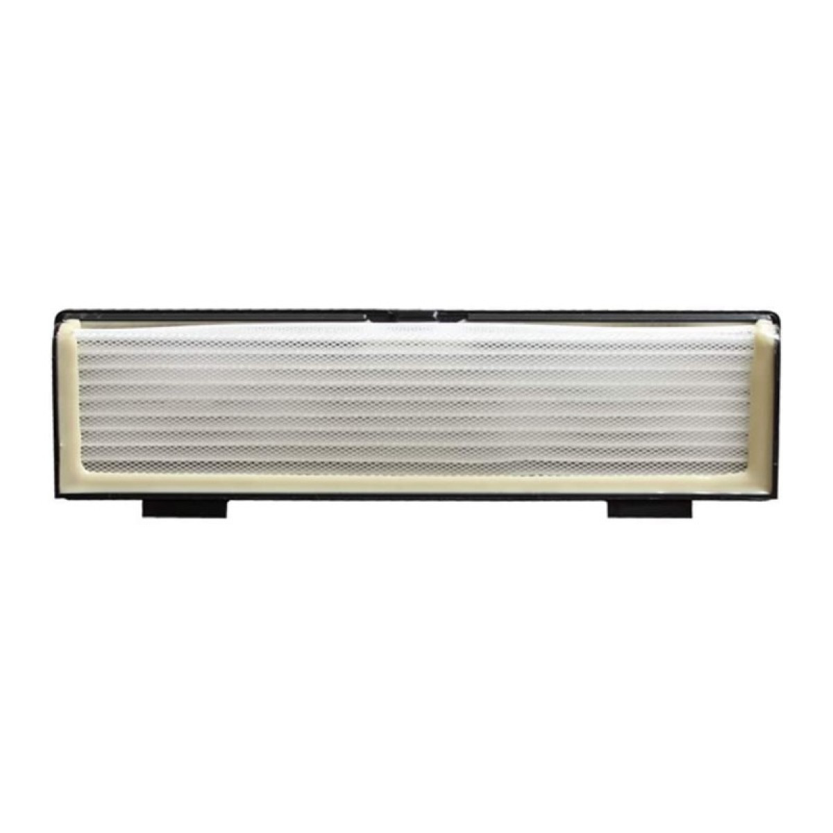 Prostokątny, czarny filtr powietrza z białym siatkowym środkiem na białym tle.