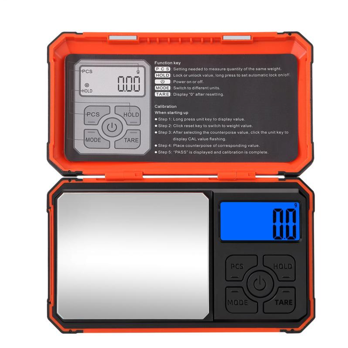 Eine orangefarbene, offene Digitalwaage mit einem blauen Display, das 0,00 anzeigt. Die Bedienungsanleitung ist sichtbar.