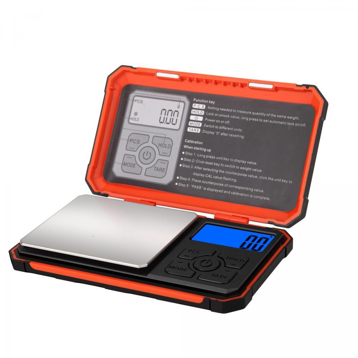 Eine orangefarbene und schwarze digitale Taschenwaage, geöffnet, mit blauem Display.