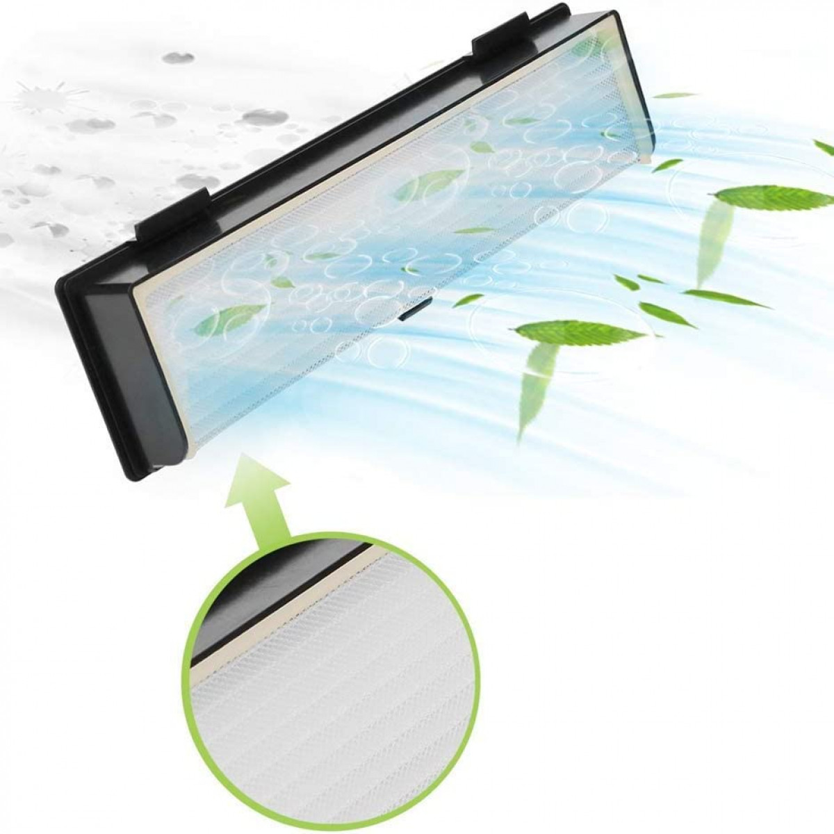 Filtr oczyszczacza powietrza z zielonymi liśćmi i bąbelkami, strzałka do filtra.