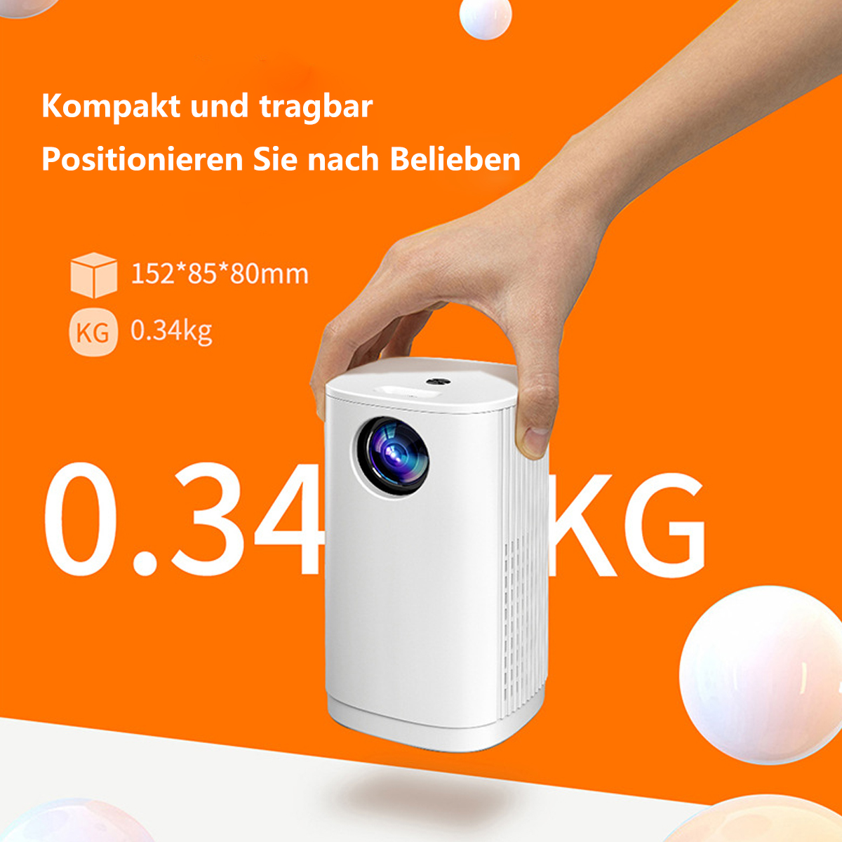 Una mano sostiene un proyector blanco. Texto muestra tamaño y peso. Fondo naranja.