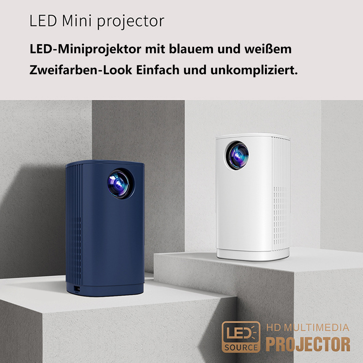 Dos miniproyectores, azul y blanco, con texto sobre LED y proyector multimedia HD.