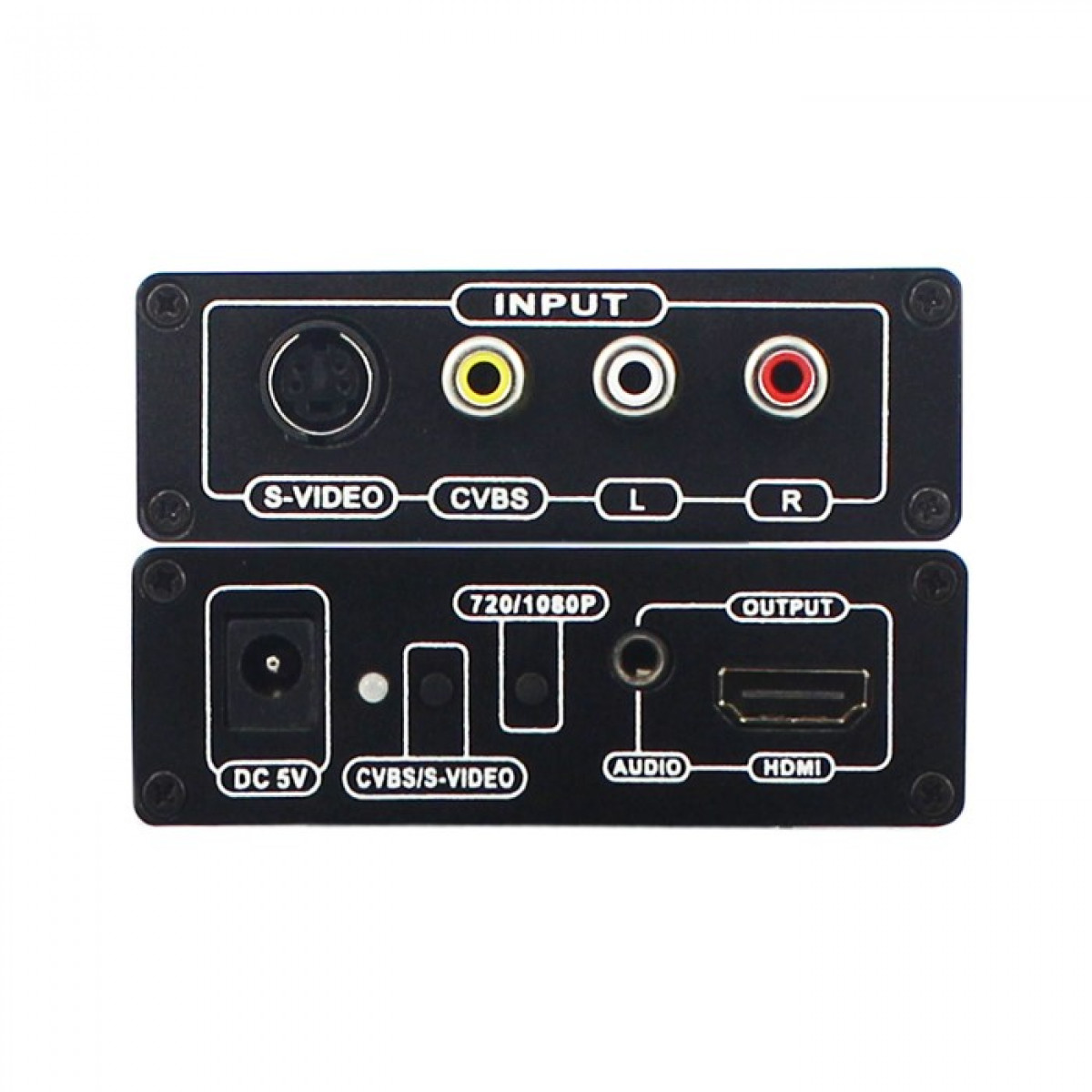 Tył urządzenia z portami: S-Video, CVBS, L, R, DC 5V, CVBS/S-Video, Audio, HDMI.