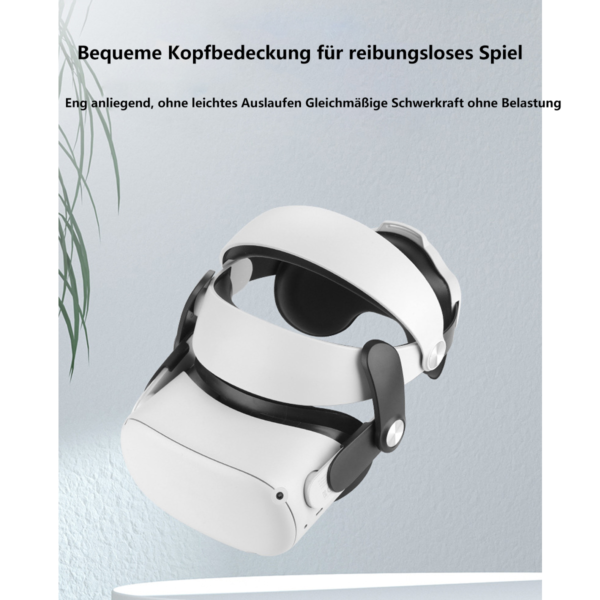 Soporte para la cabeza de auriculares VR blancos sobre un fondo azul claro. Texto: Casco cómodo para un juego fluido.