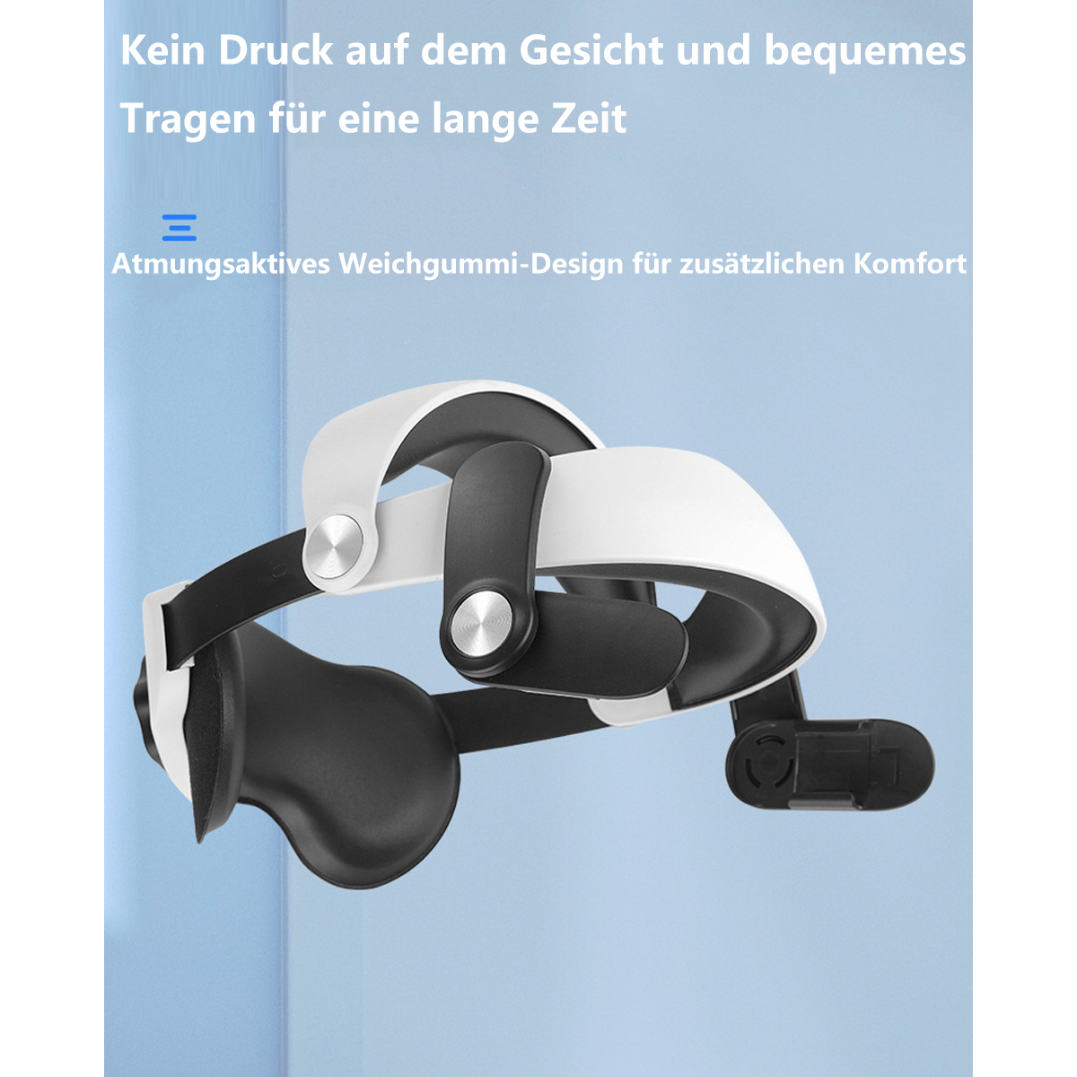 Auriculares de realidad virtual con componentes blancos y negros, sobre un fondo azul claro.