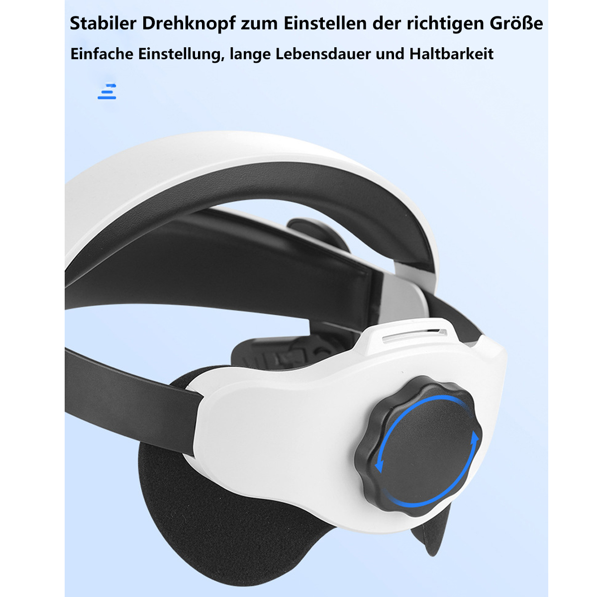 Auriculares de realidad virtual con diseño blanco y negro, mostrando la perilla de ajuste.