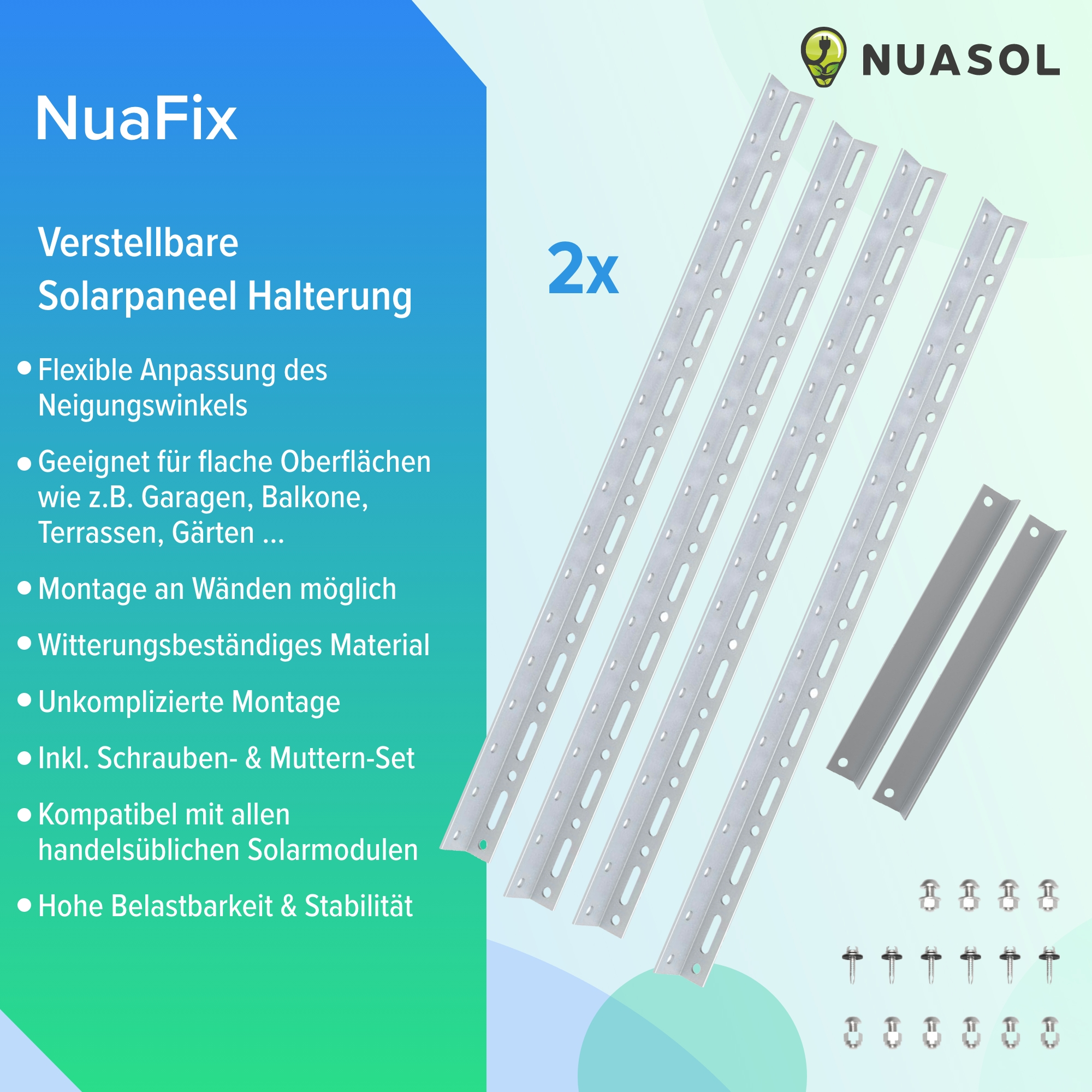 NUASOL 4er PV Verstellbar bis | Solarmodul Aufständerung 72 | cm Set Halterung, Flachdach 0-90° silber