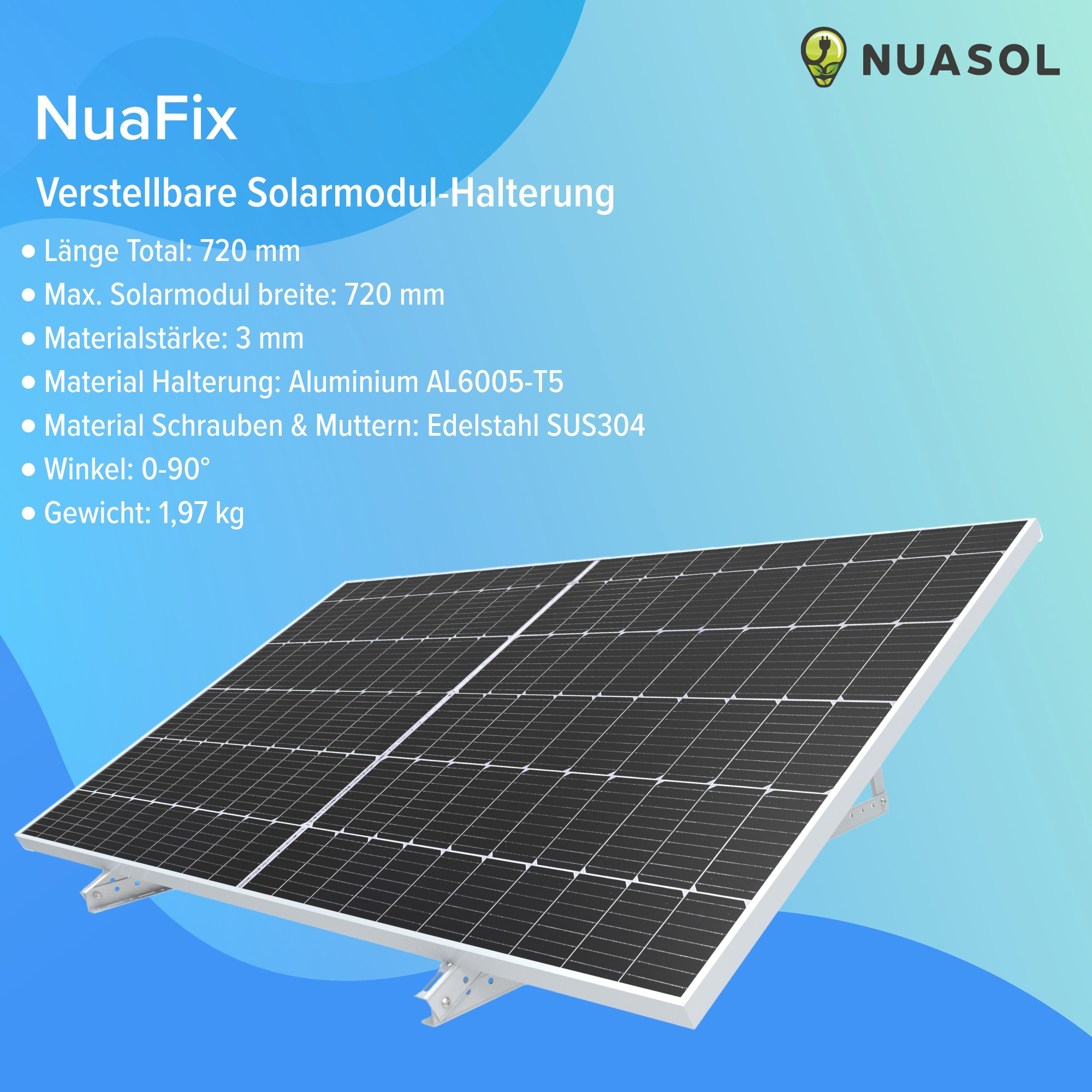 NUASOL 4er PV Verstellbar bis | Solarmodul Aufständerung 72 | cm Set Halterung, Flachdach 0-90° silber