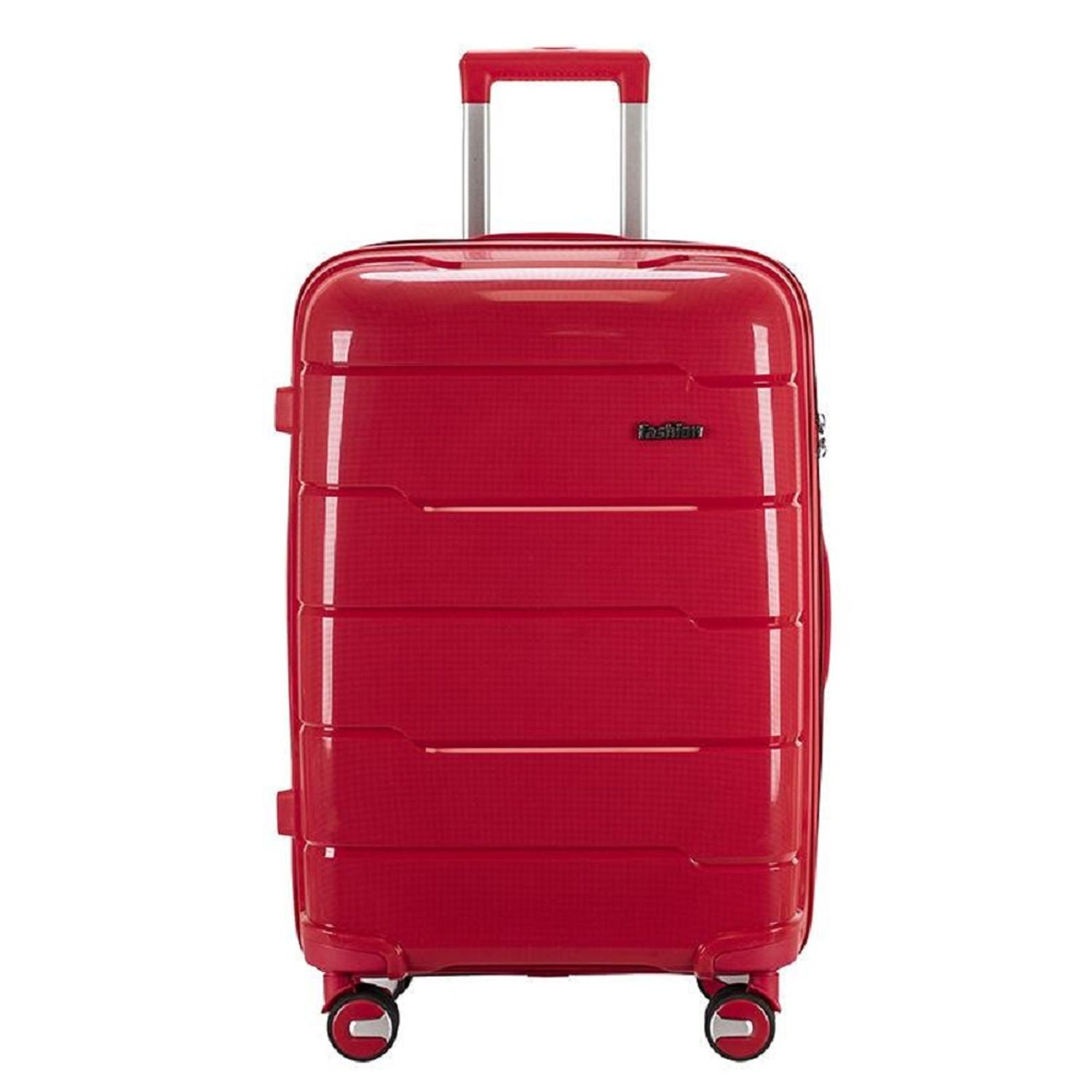 Ein roter Koffer mit Griff und Rollen auf weißem Hintergrund.