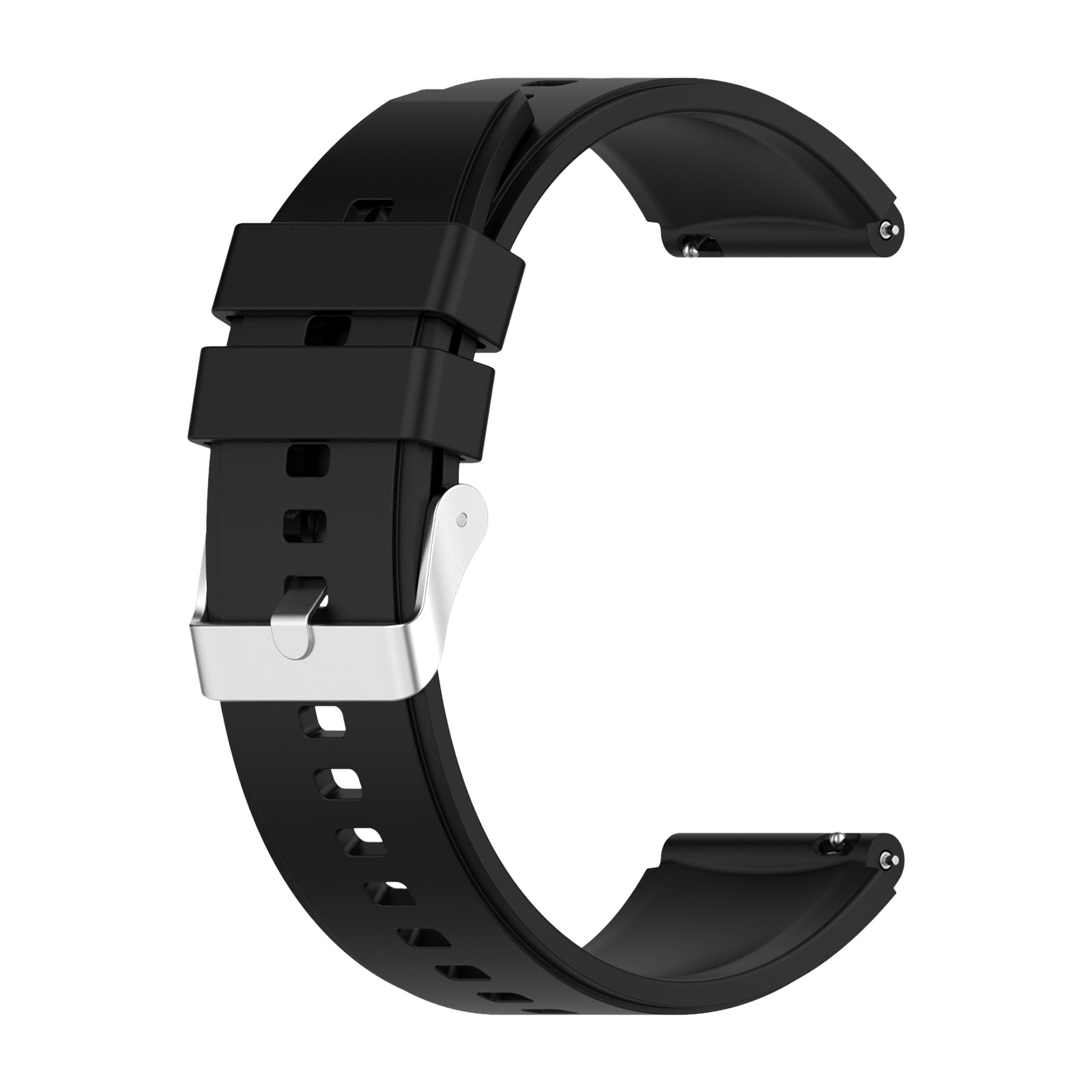 Correa de reloj negra con hebilla plateada, aislada sobre fondo blanco.