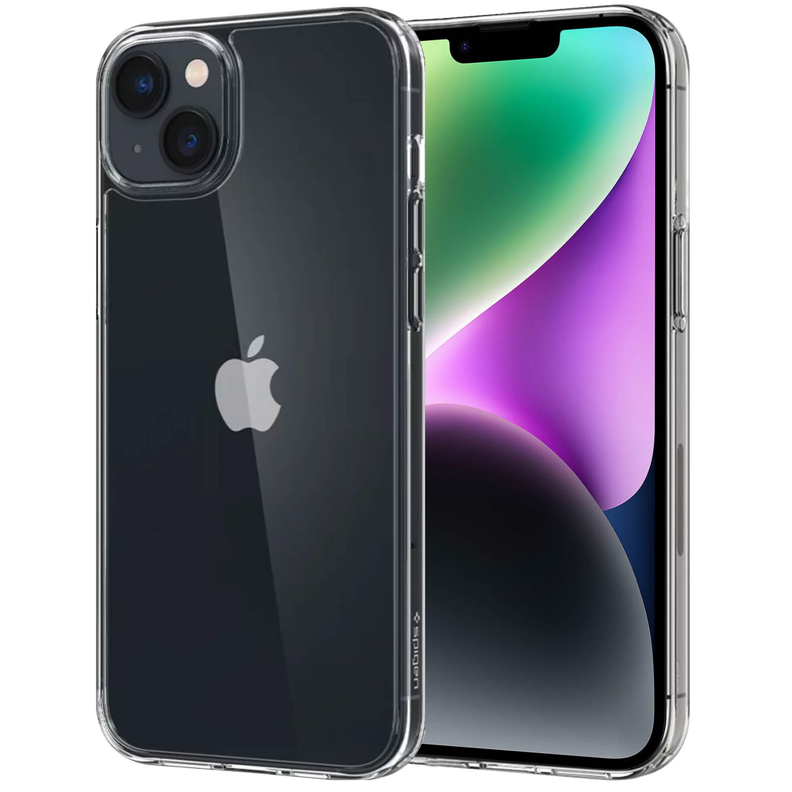 Dwa przezroczyste etui na telefon, jedno z telefonem w środku. Telefon ma przezroczysty tył z logo Apple.