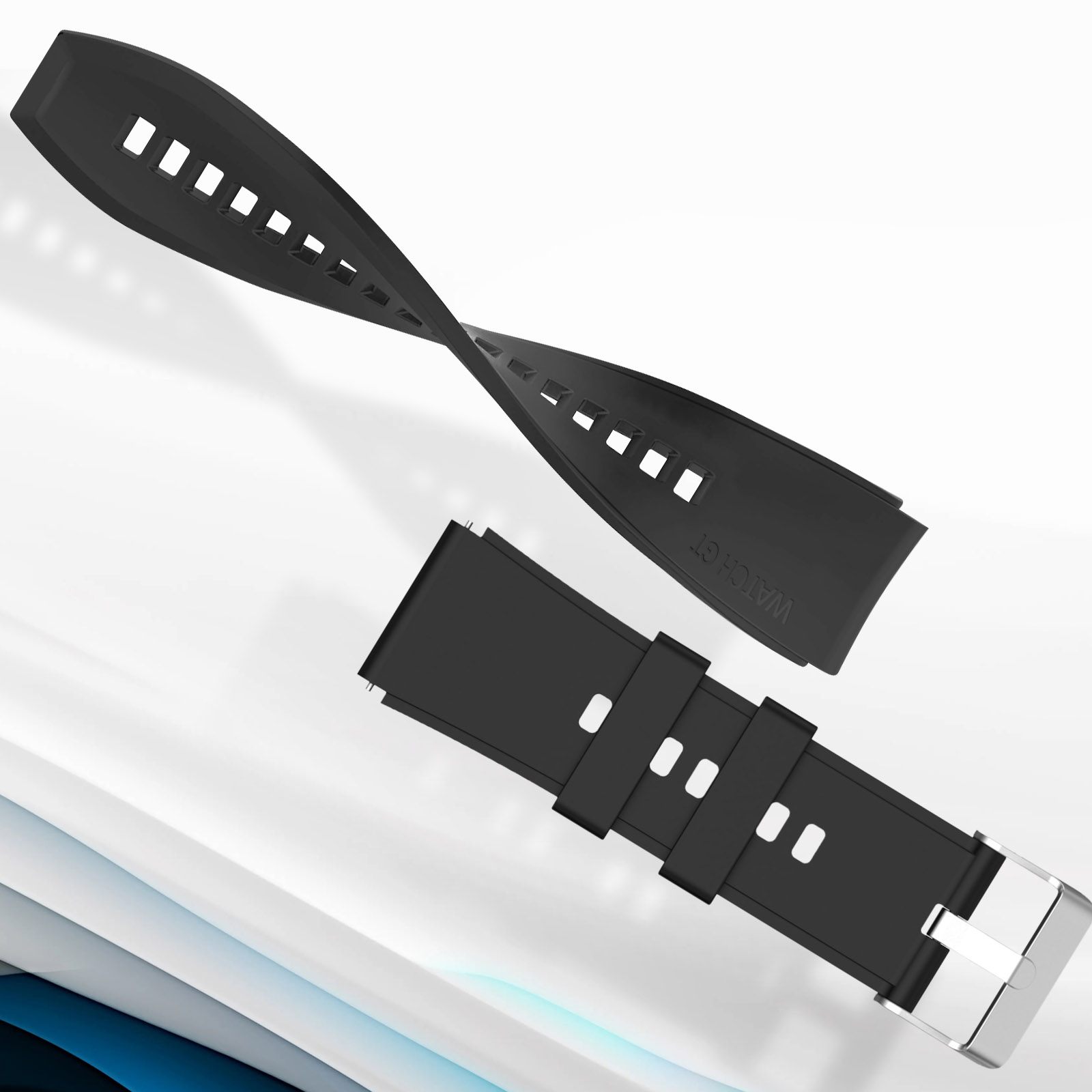 Dos correas de reloj negras con agujeros rectangulares blancos. Una torcida, otra con hebilla plateada.