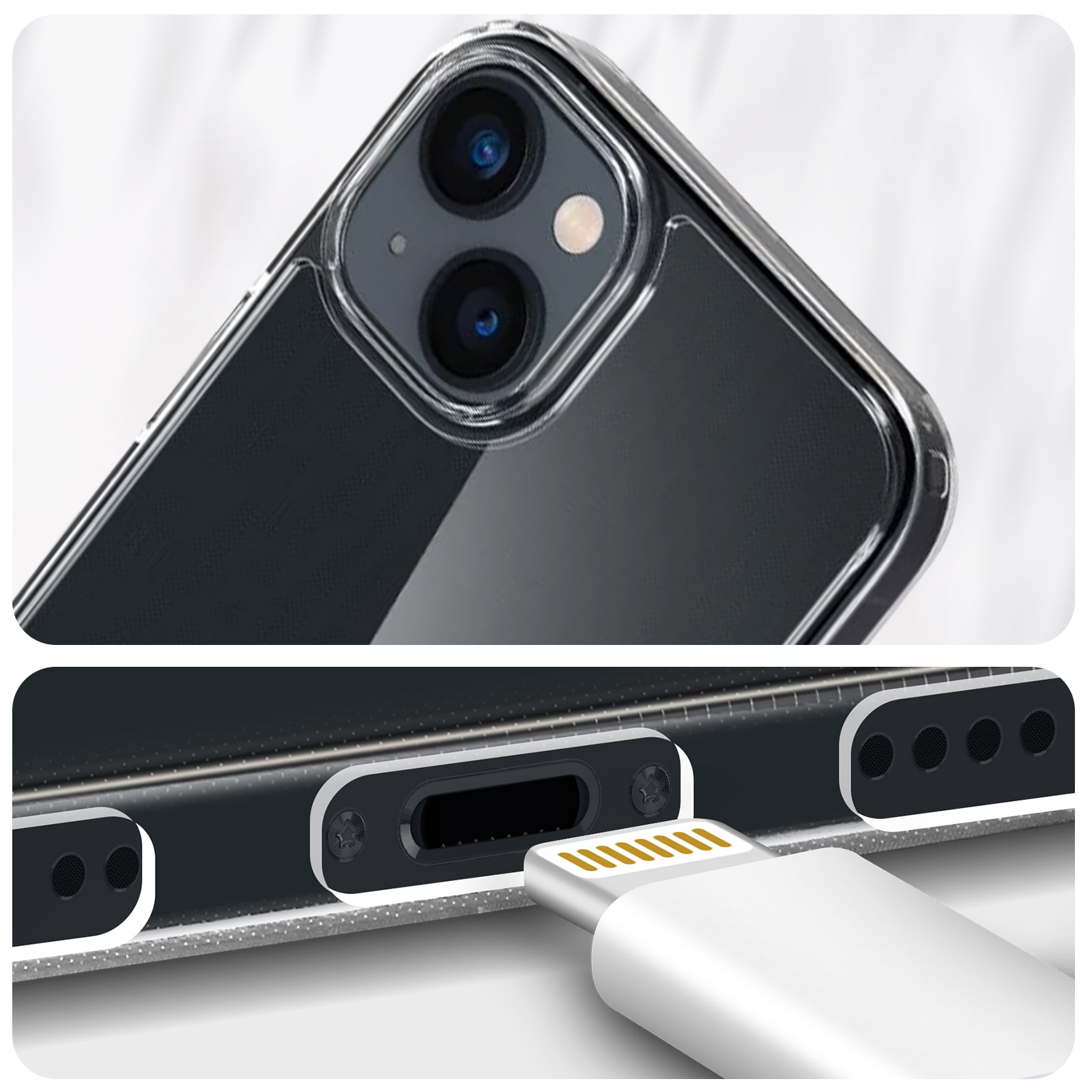 Zbliżenie telefonu pokazujące obiektywy aparatu i port ładowania.