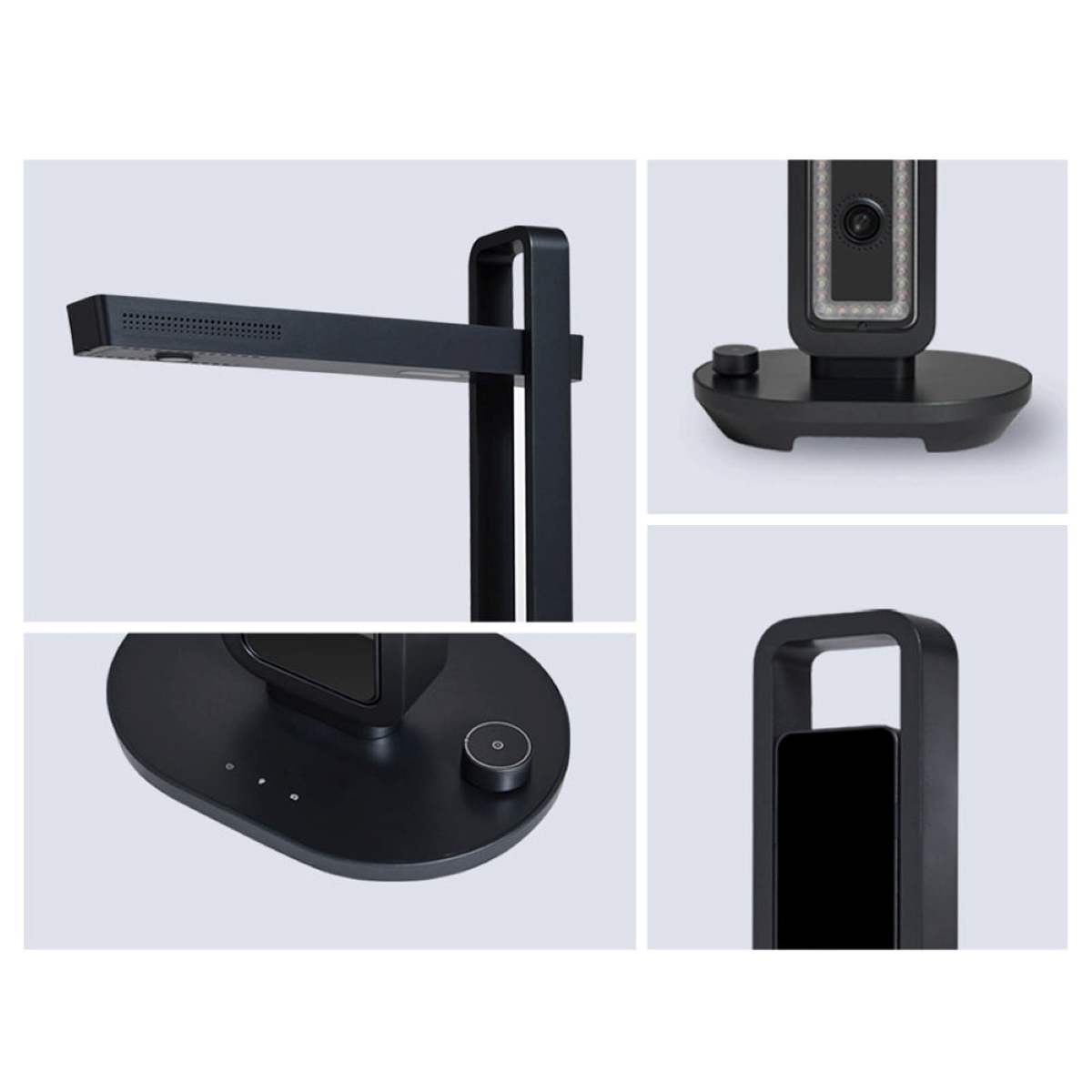 Schwarze Schreibtischlampe: Bestehend aus mehreren Teilen, mit Lampenkopf und verstellbarem Arm.